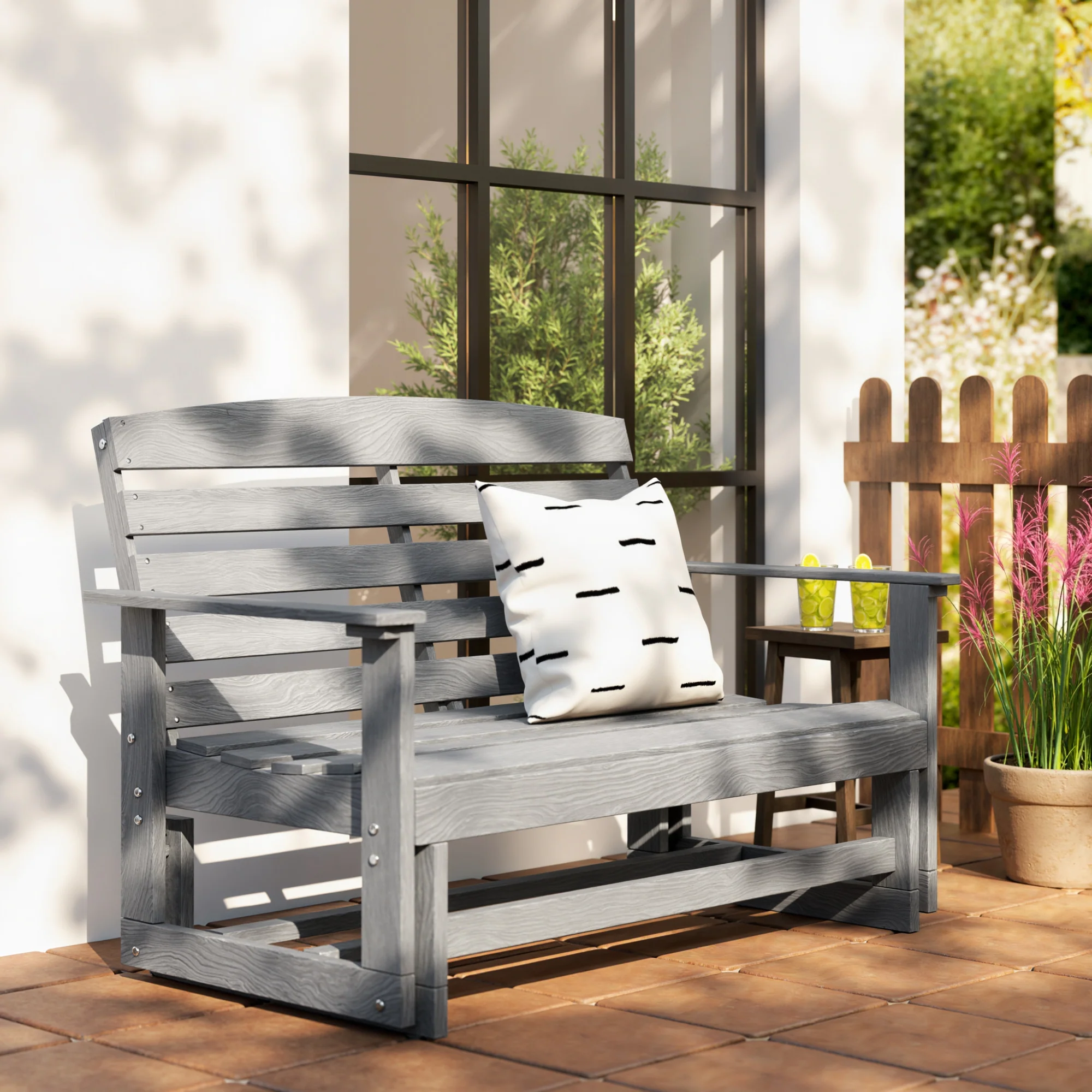 2-Person Outdoor Glider Bench w/ Slatted HDPE Frame for Backyard Garden Porch, Distressed Gray - Image 11