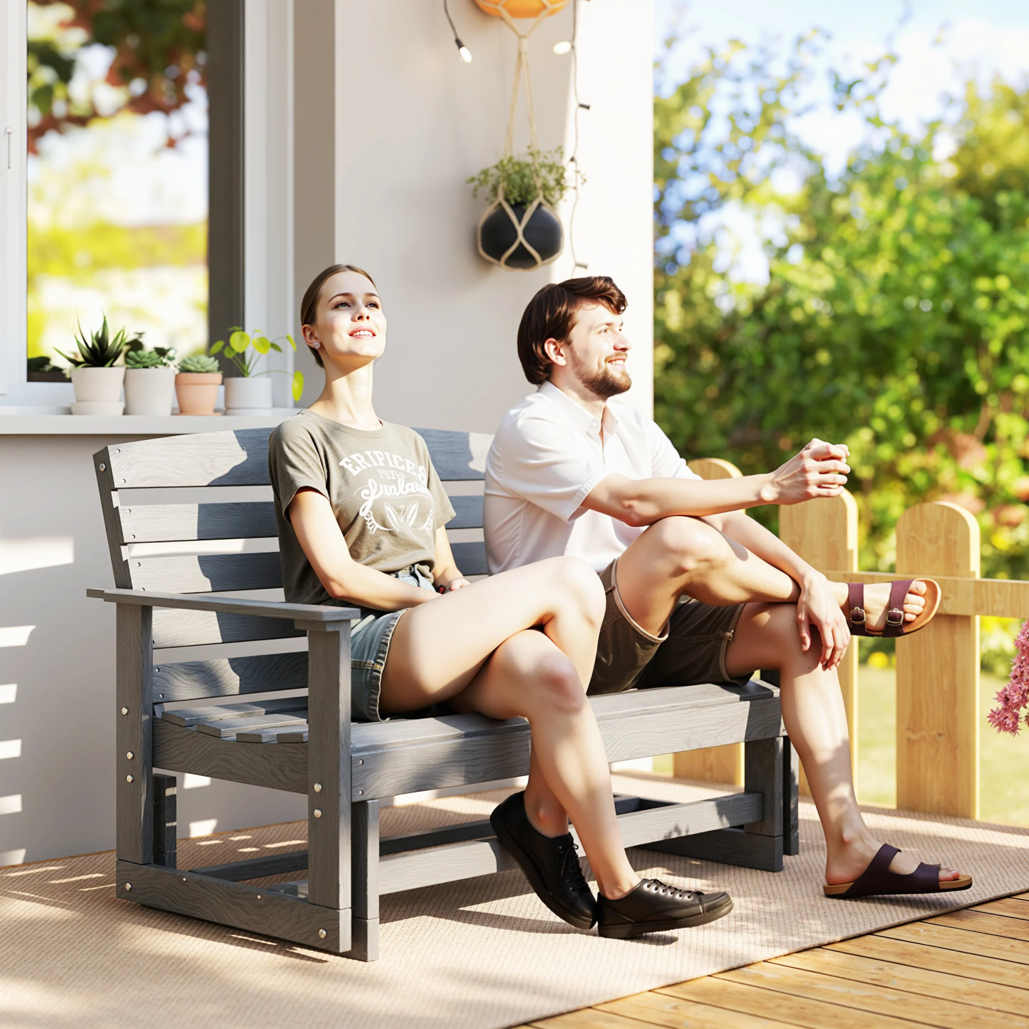 2-Person Outdoor Glider Bench w/ Slatted HDPE Frame for Backyard Garden Porch, Distressed Gray - Image 3