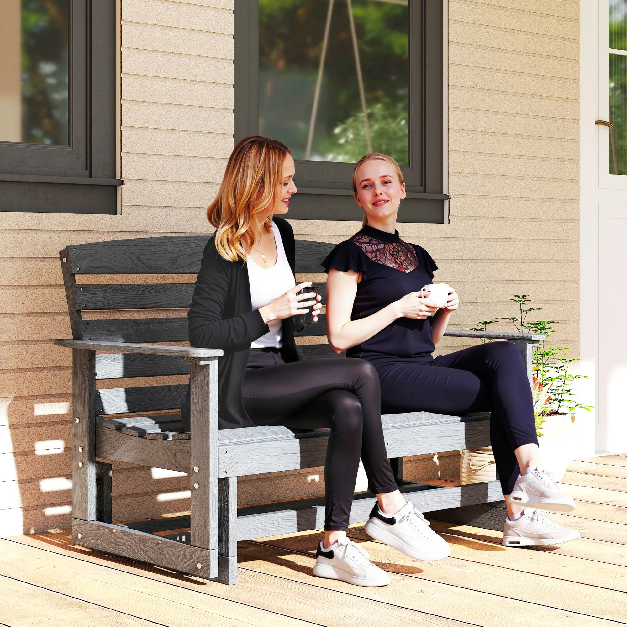2-Person Outdoor Glider Bench w/ Slatted HDPE Frame for Backyard Garden Porch, Distressed Gray - Image 4