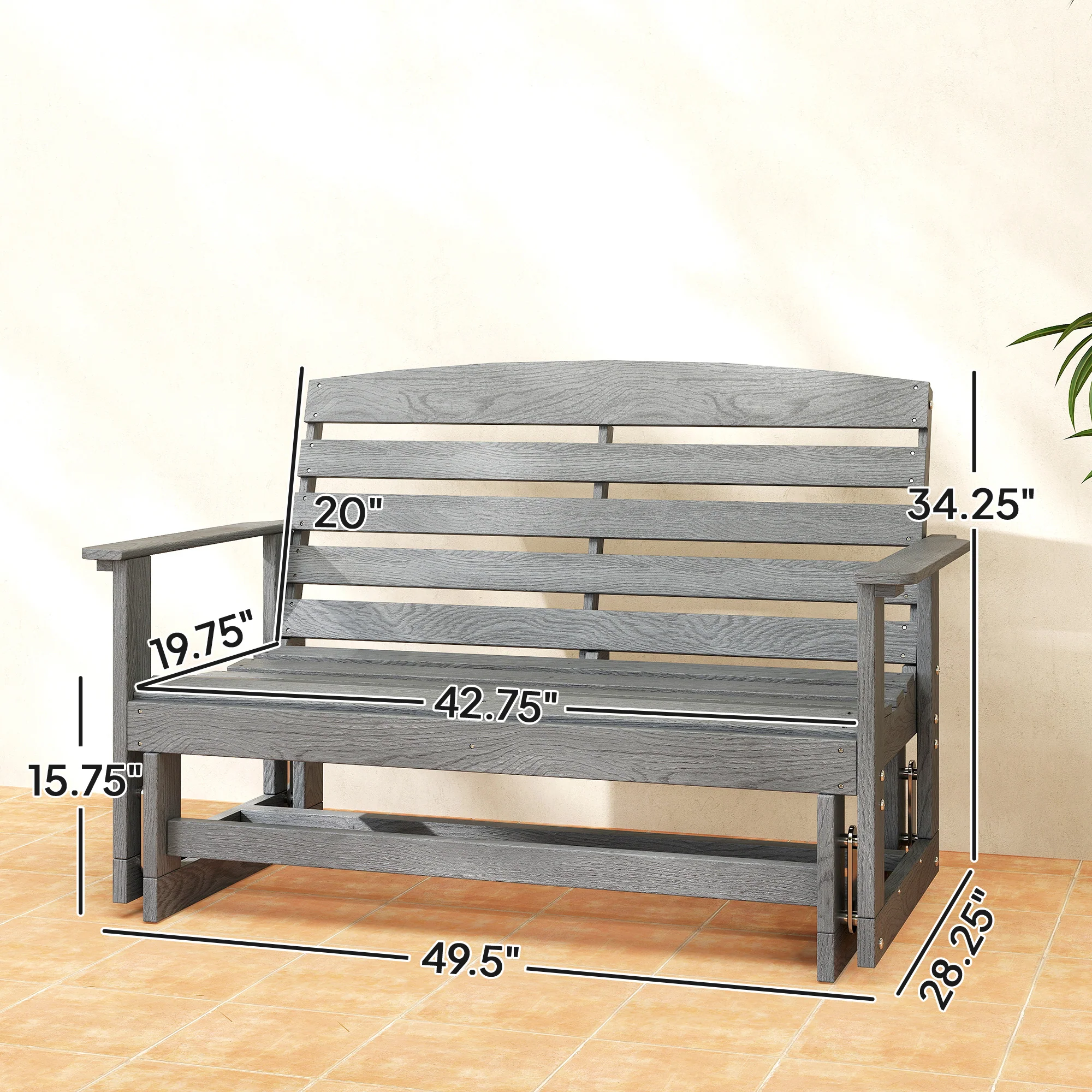 2-Person Outdoor Glider Bench w/ Slatted HDPE Frame for Backyard Garden Porch, Distressed Gray - Image 5
