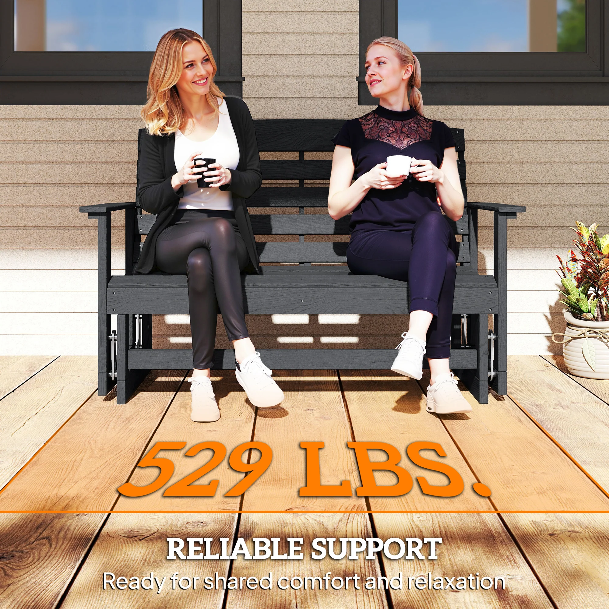 2-Person Patio Double Swing Rocking Chair Loveseat w/ Slatted HDPE Frame, Distressed Black - Image 8