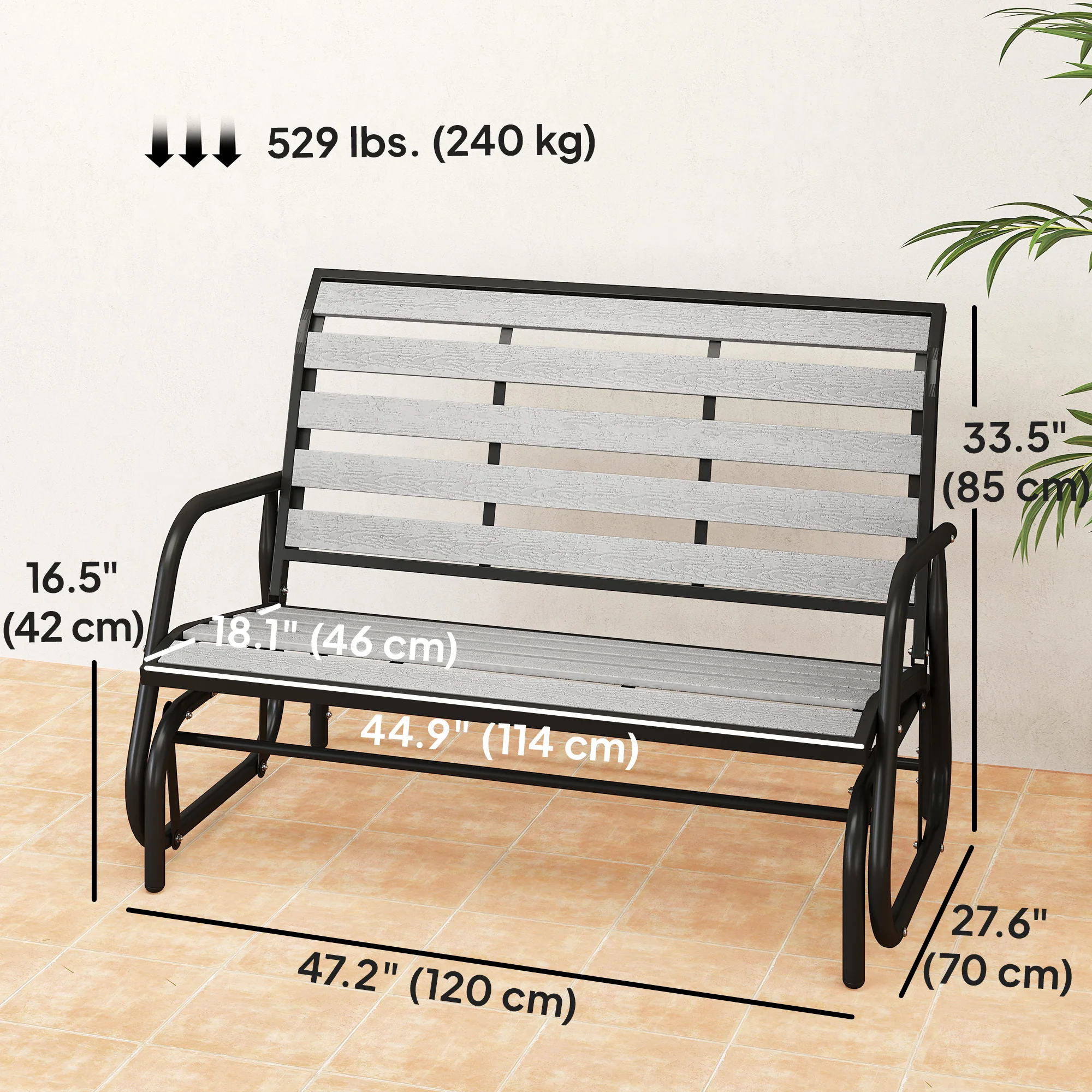 2-Person Outdoor Glider Bench with Faux Wood Slatted Seat and Steel Frame, Grey - Image 5