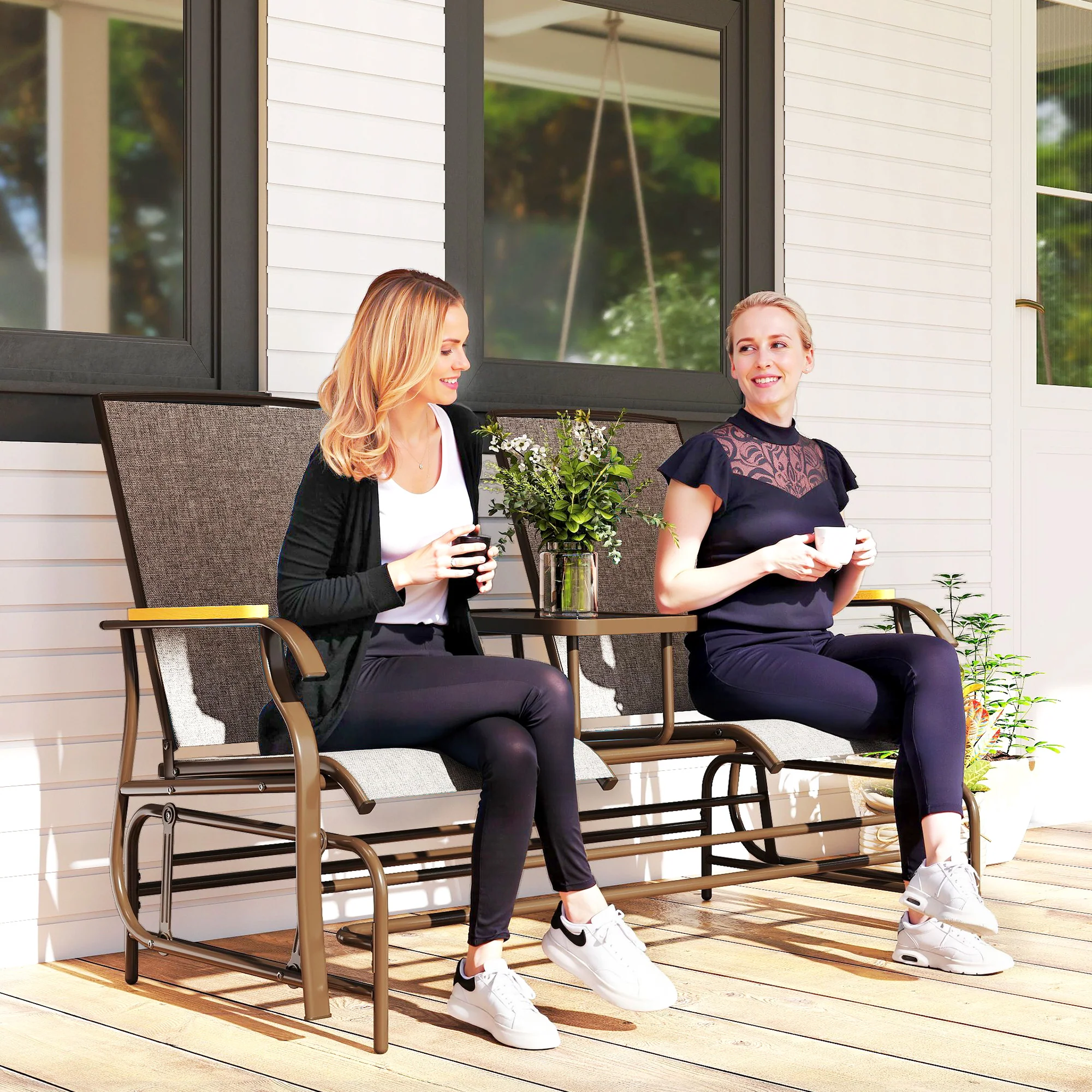 2-Person Outdoor Glider Bench with Table, Light Mixed Brown - Image 4