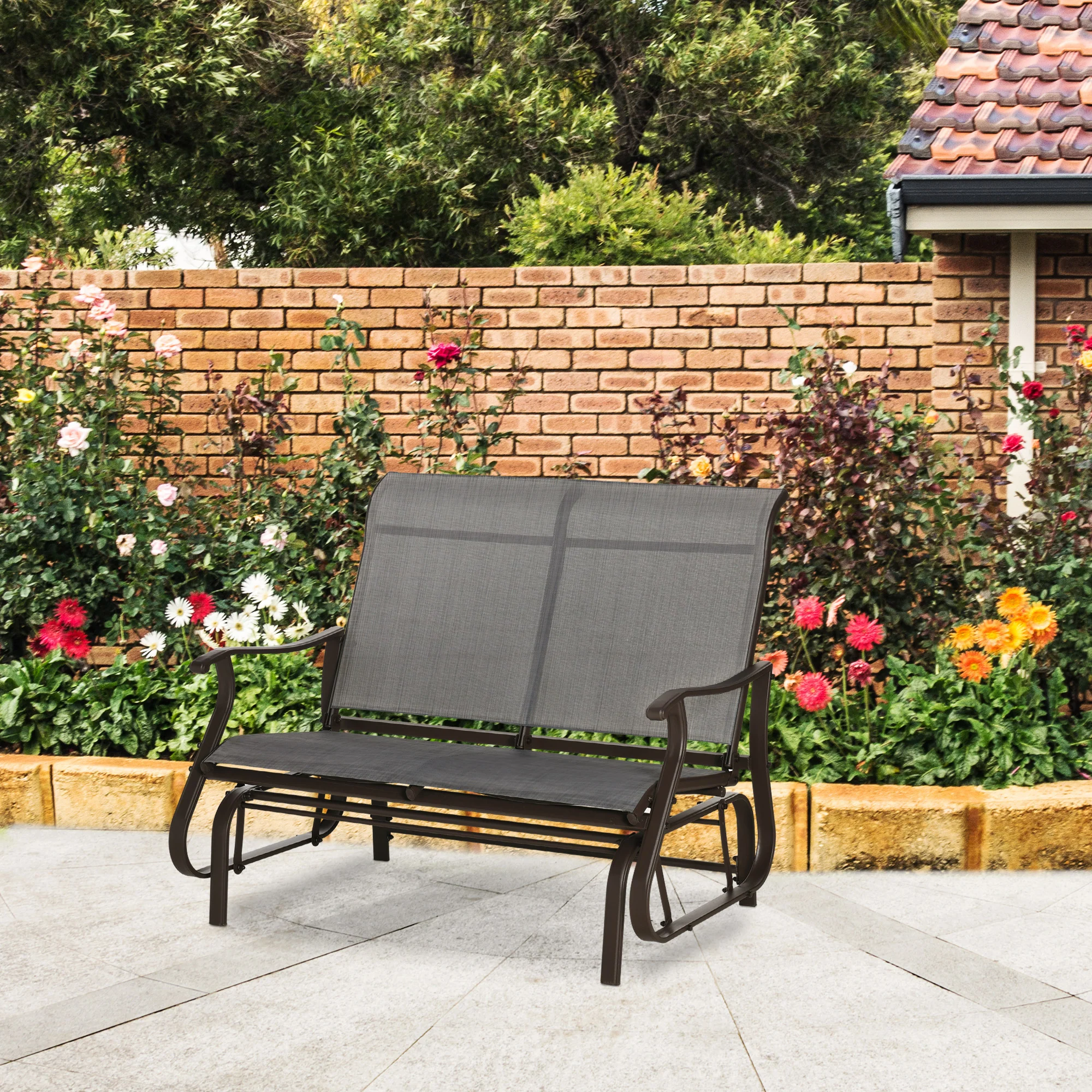 Garden Double Gliding Armchair w/ Mesh Seat and Backrest for Outdoor, Backyard, Dark Grey - Image 4