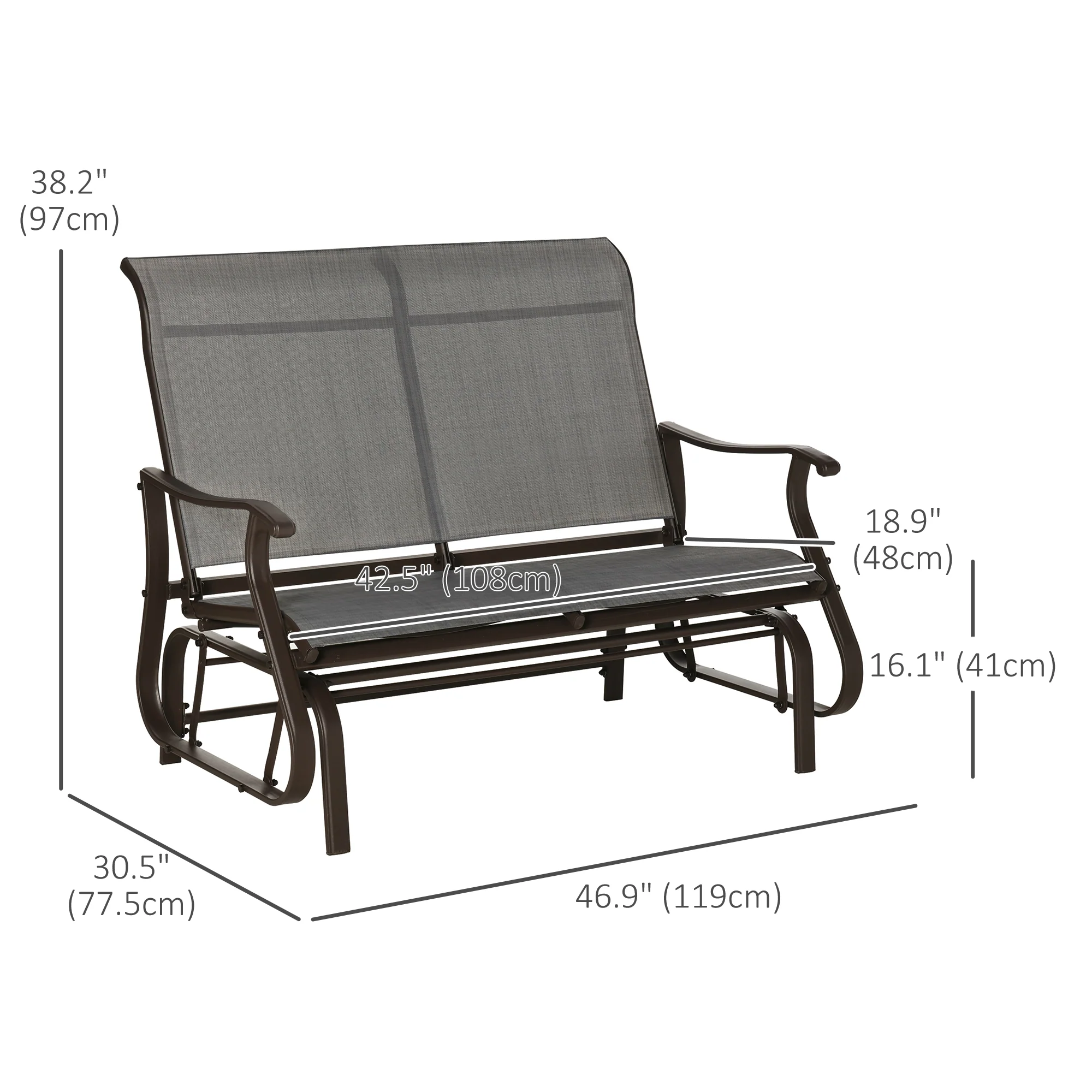 Garden Double Gliding Armchair w/ Mesh Seat and Backrest for Outdoor, Backyard, Dark Grey - Image 5