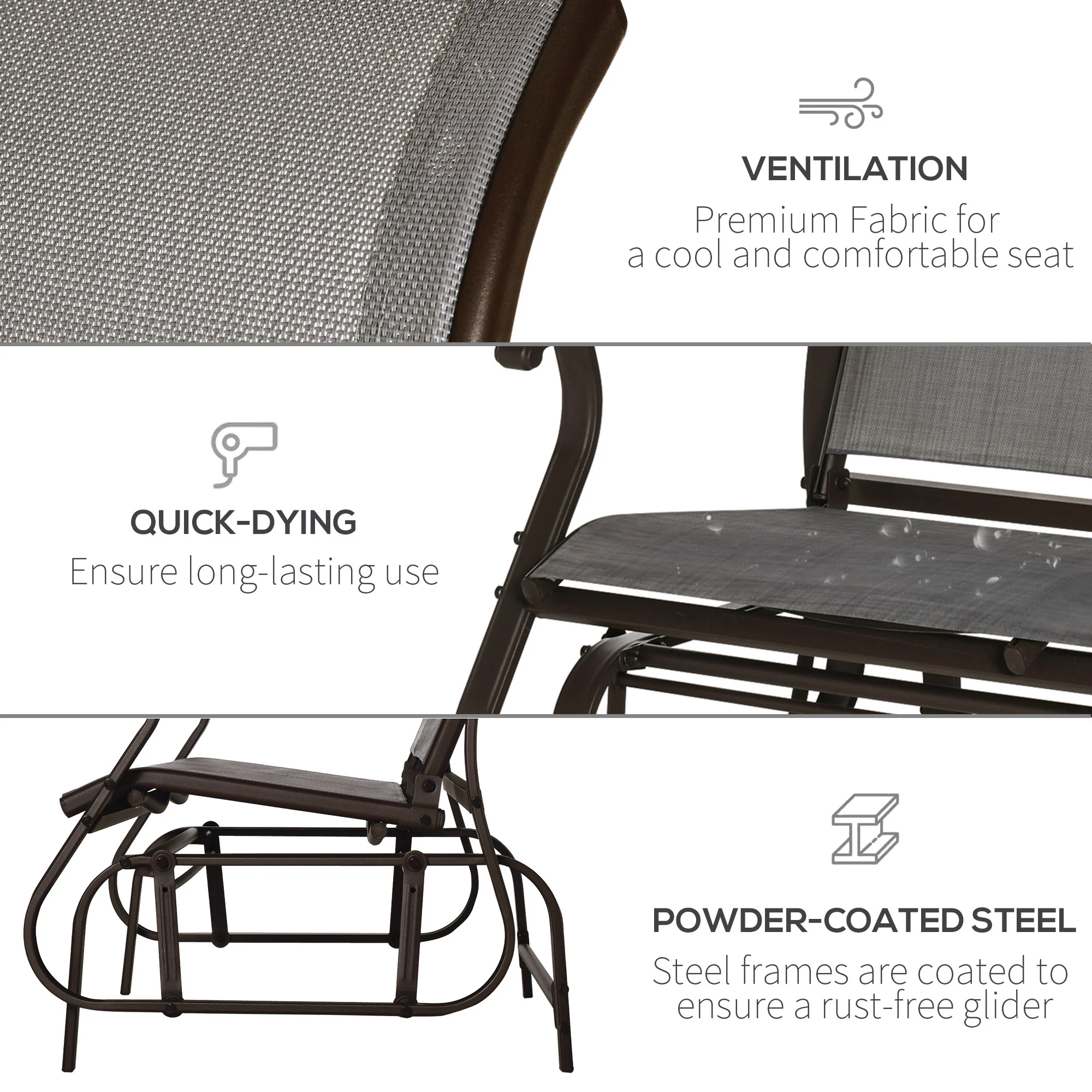 Garden Double Gliding Armchair w/ Mesh Seat and Backrest for Outdoor, Backyard, Dark Grey - Image 7