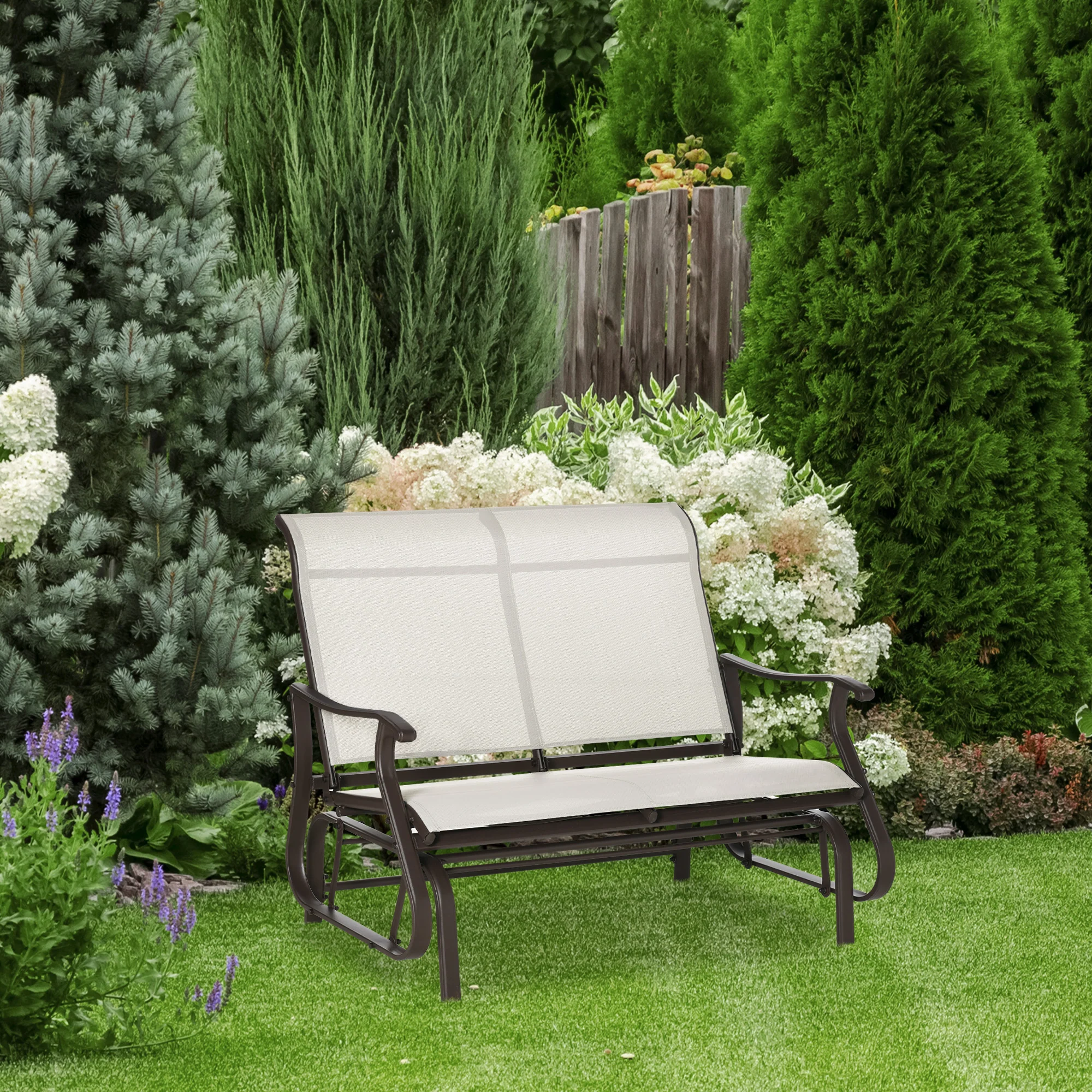 Garden Double Gliding Armchair w/ Mesh Seat and Backrest for Outdoor, Backyard, Cream White - Image 3