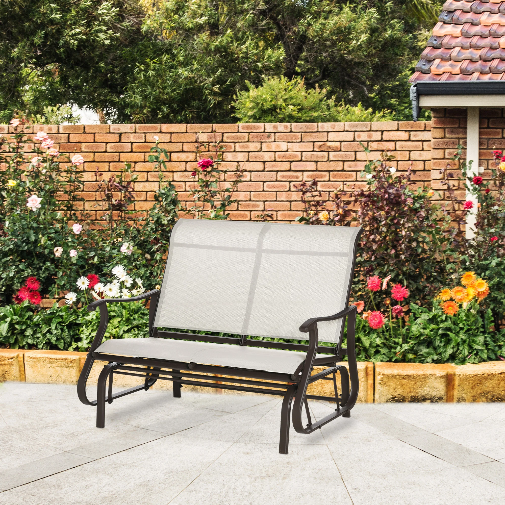 Garden Double Gliding Armchair w/ Mesh Seat and Backrest for Outdoor, Backyard, Cream White - Image 4
