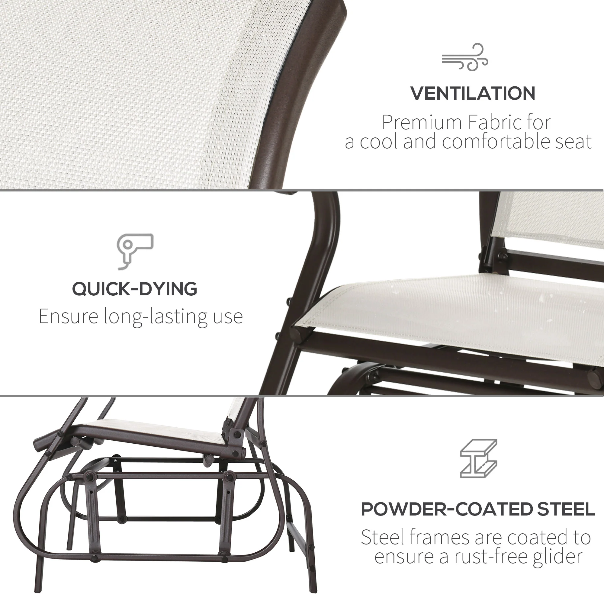 Garden Double Gliding Armchair w/ Mesh Seat and Backrest for Outdoor, Backyard, Cream White - Image 7