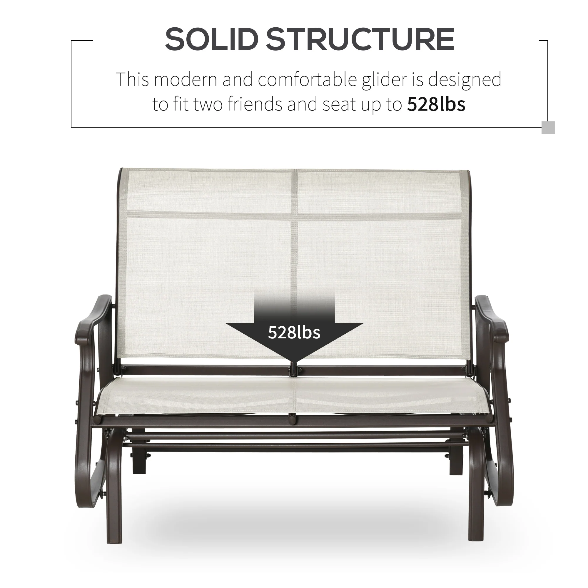 Garden Double Gliding Armchair w/ Mesh Seat and Backrest for Outdoor, Backyard, Cream White - Image 9