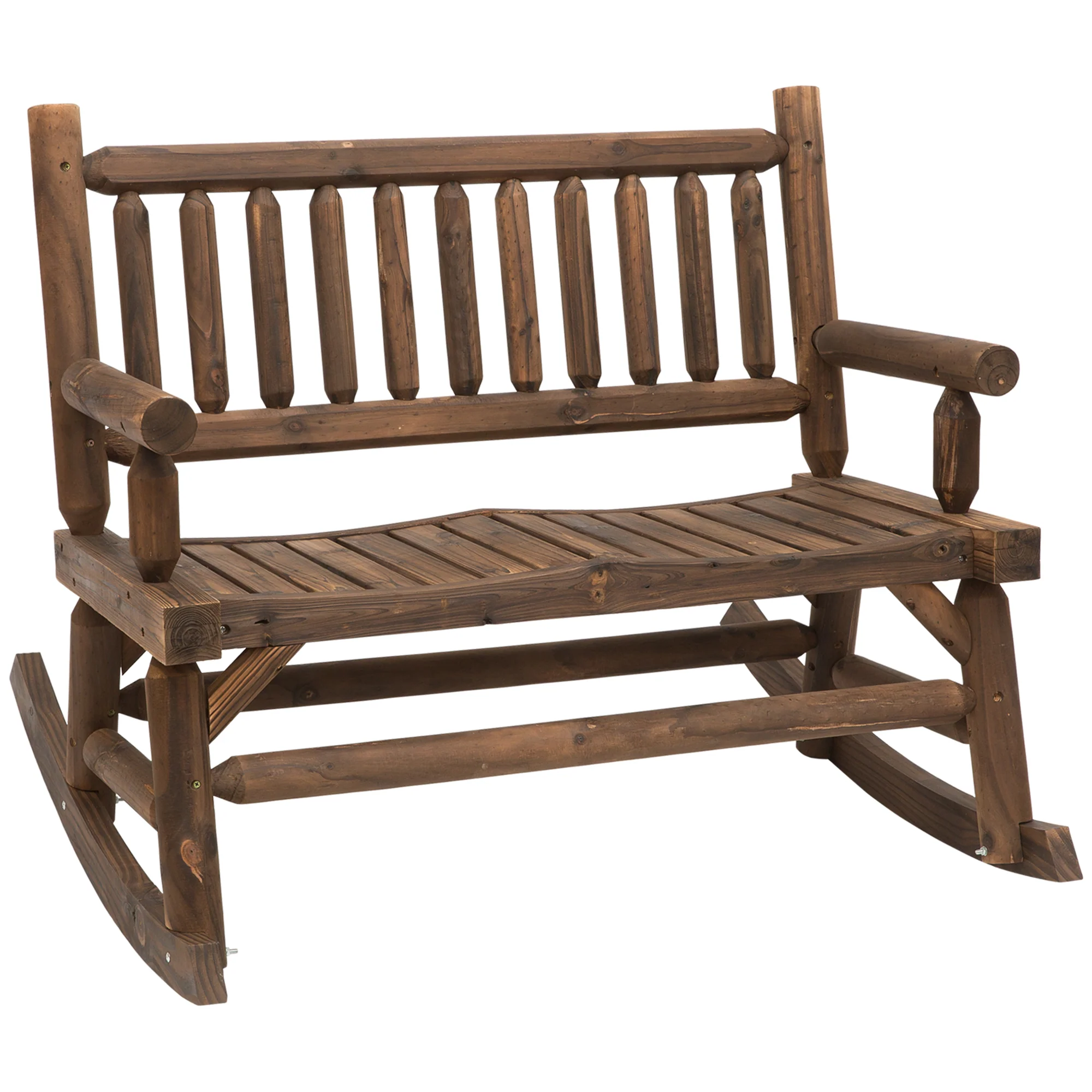 2-Person Wooden Patio Rocker, Porch Rocking Bench with Slat Back and Seat, Carbonized - Image 12