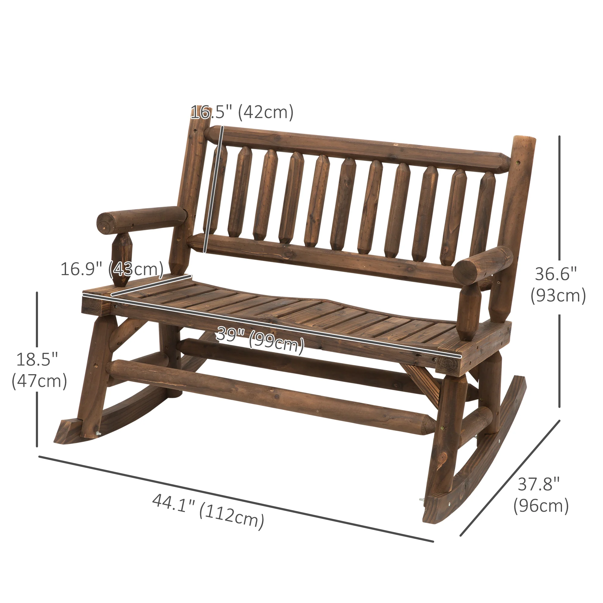 2-Person Wooden Patio Rocker, Porch Rocking Bench with Slat Back and Seat, Carbonized - Image 5