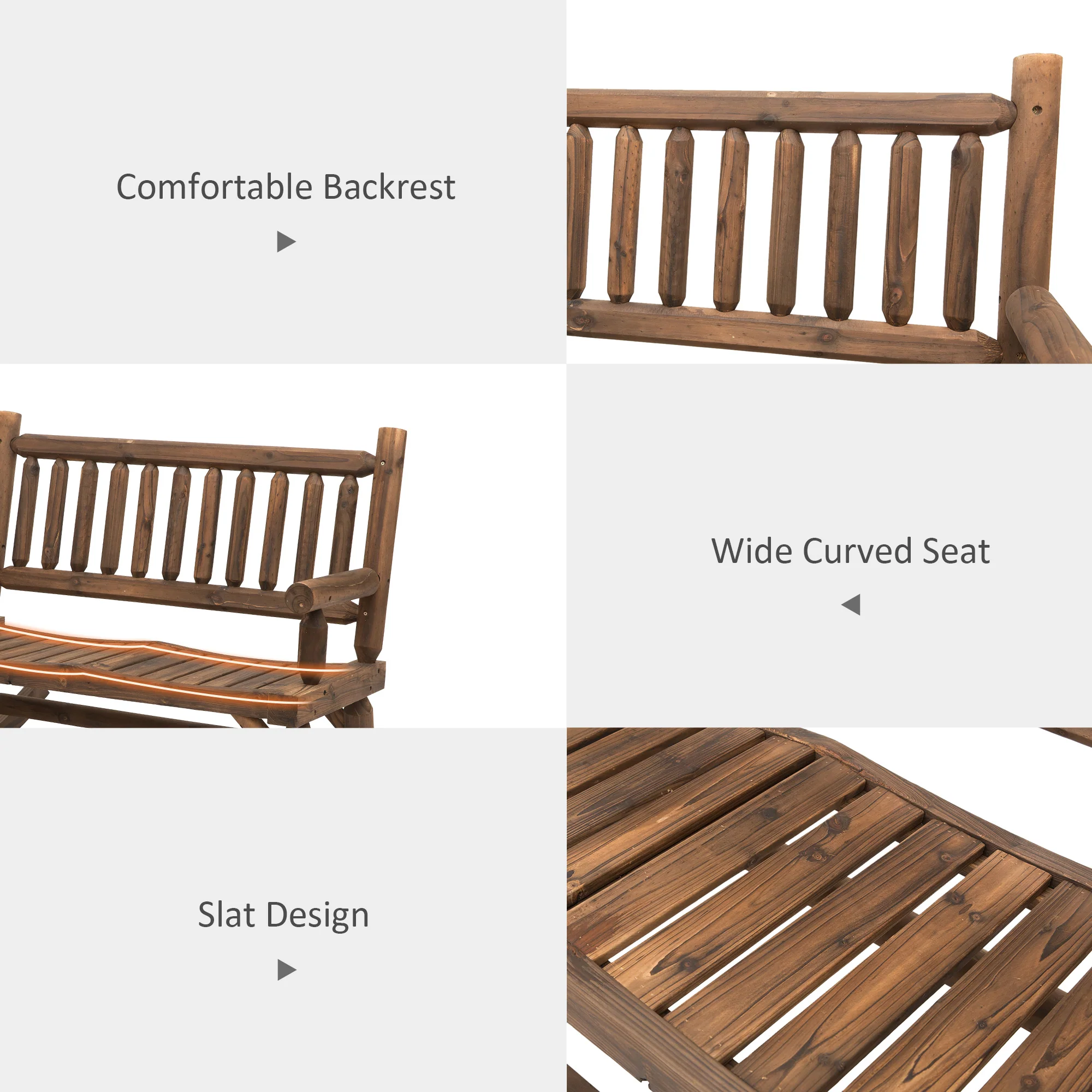 2-Person Wooden Patio Rocker, Porch Rocking Bench with Slat Back and Seat, Carbonized - Image 7