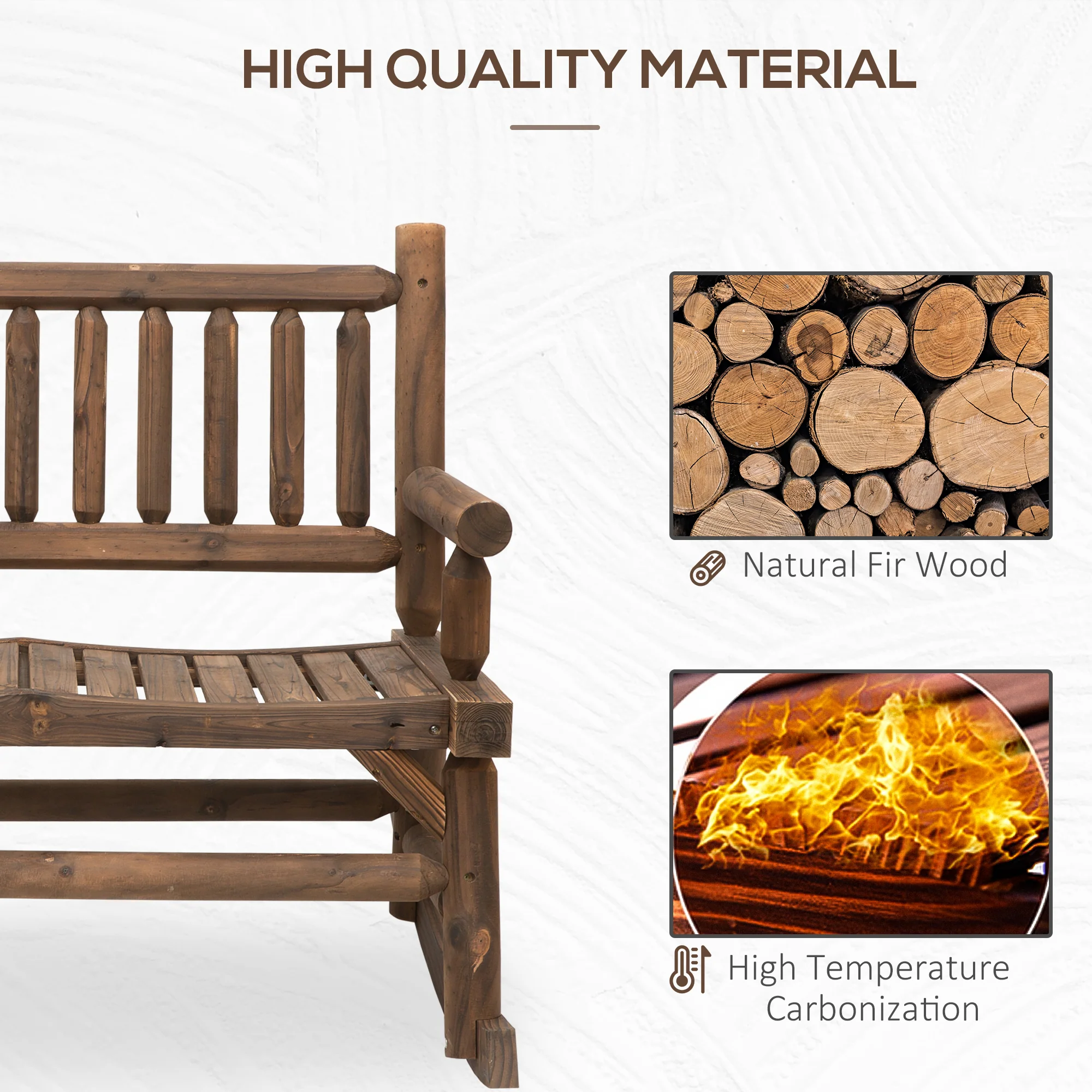 2-Person Wooden Patio Rocker, Porch Rocking Bench with Slat Back and Seat, Carbonized - Image 8