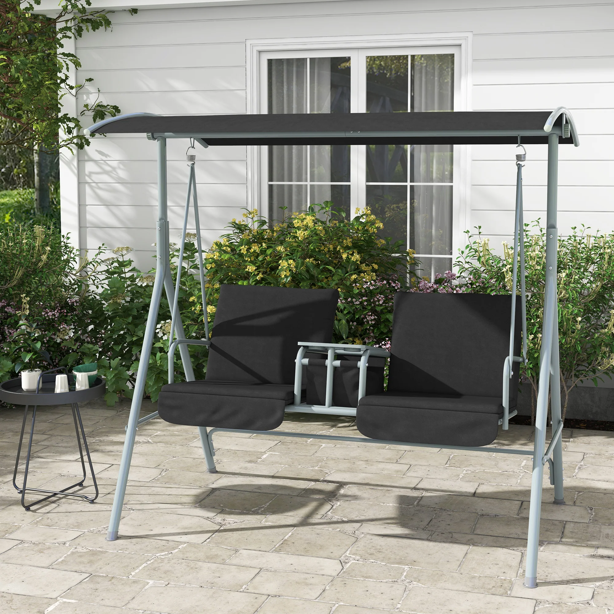 2 Person Porch Swing with Adjustable Canopy, Table and Storage Bag, Black - Image 3