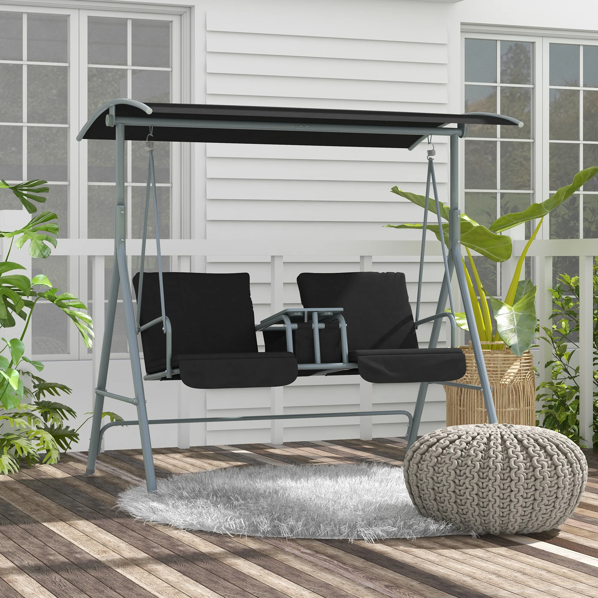 2 Person Porch Swing with Adjustable Canopy, Table and Storage Bag, Black - Image 4