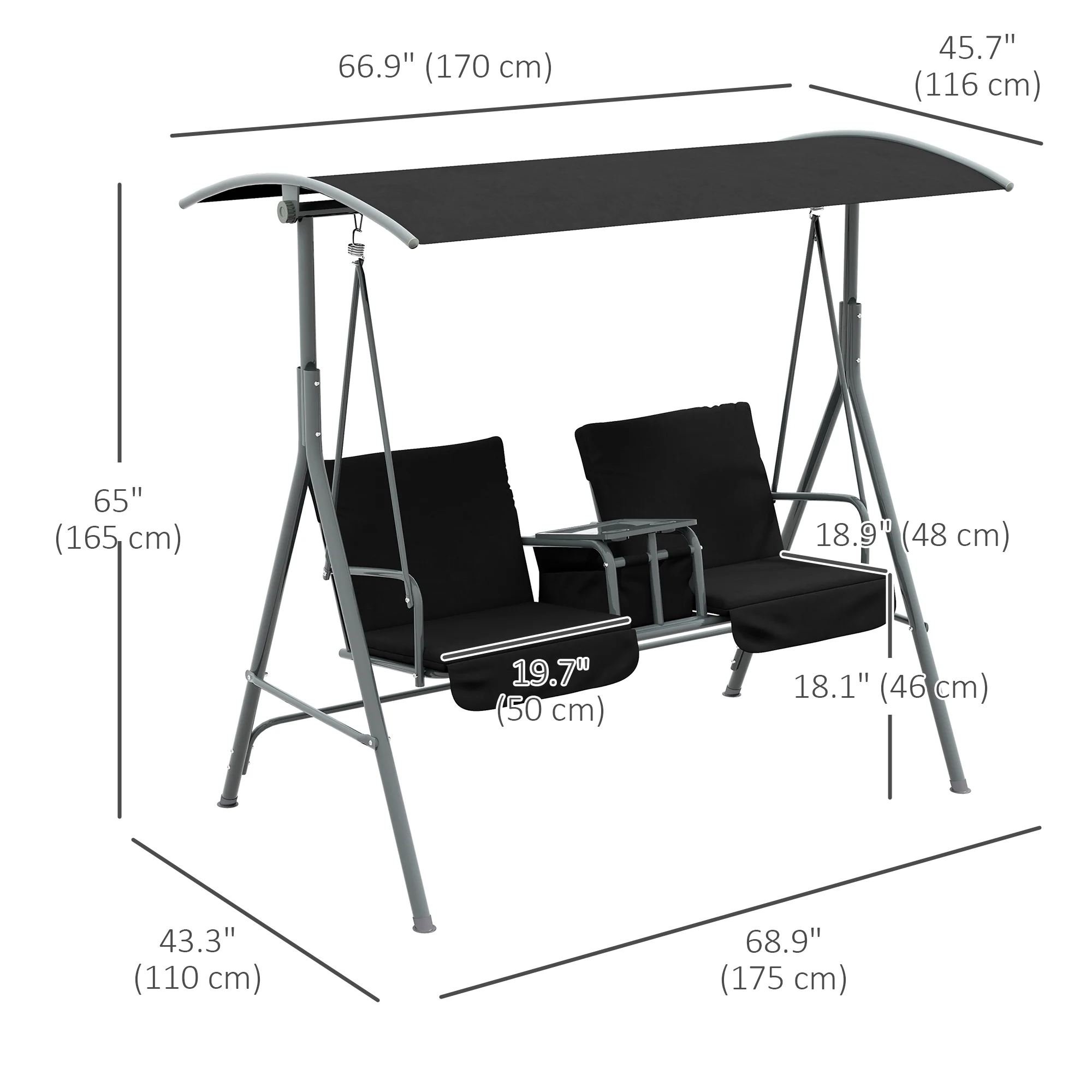 2 Person Porch Swing with Adjustable Canopy, Table and Storage Bag, Black - Image 5