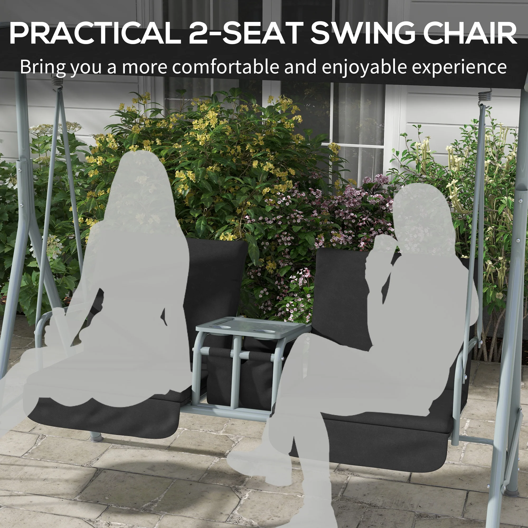 2 Person Porch Swing with Adjustable Canopy, Table and Storage Bag, Black - Image 9