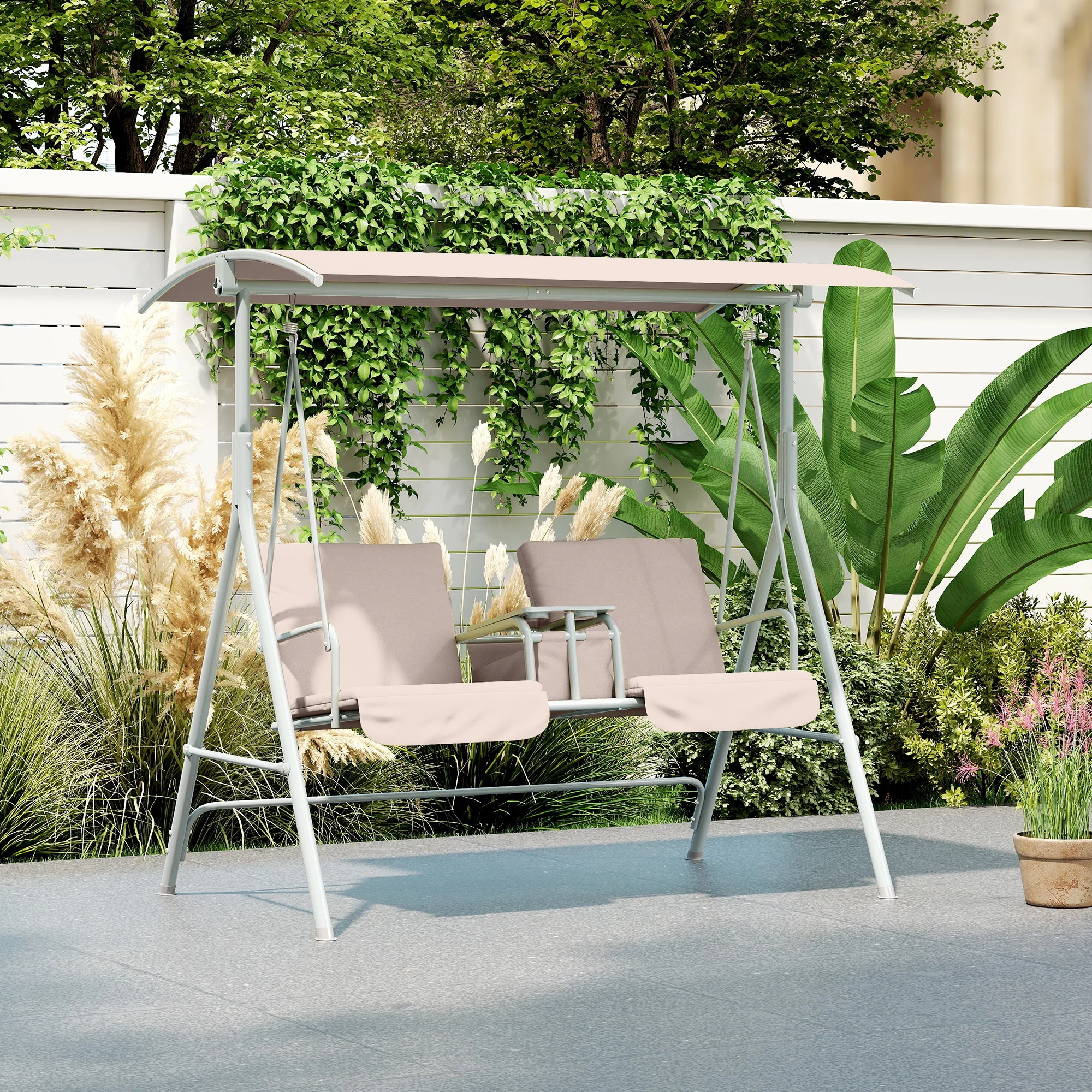2-Person Porch Swing with Stand and Pivot Table, Beige - Image 10