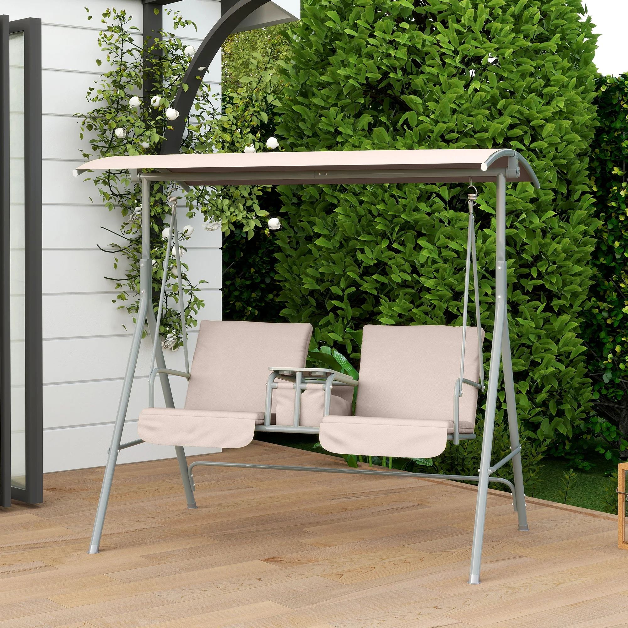 2-Person Porch Swing with Stand and Pivot Table, Beige - Image 11