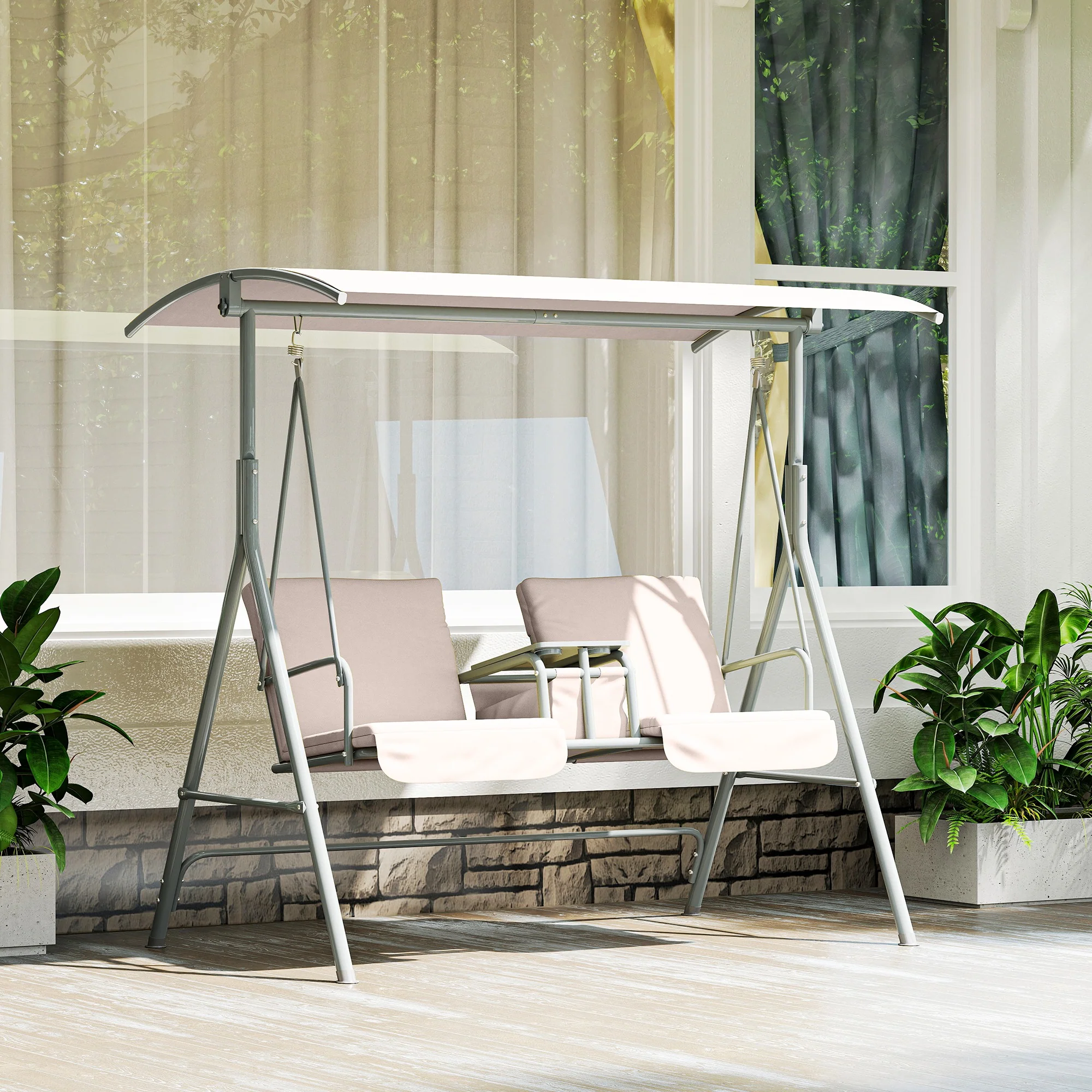 2-Person Porch Swing with Stand and Pivot Table, Beige - Image 3