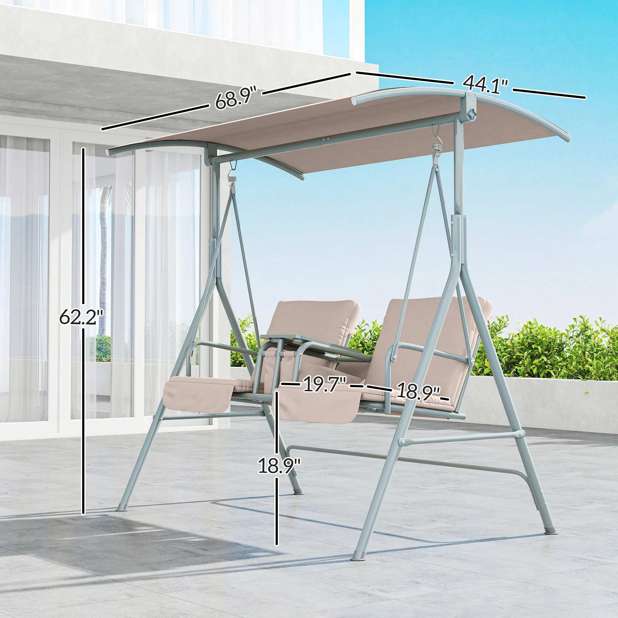 2-Person Porch Swing with Stand and Pivot Table, Beige - Image 5