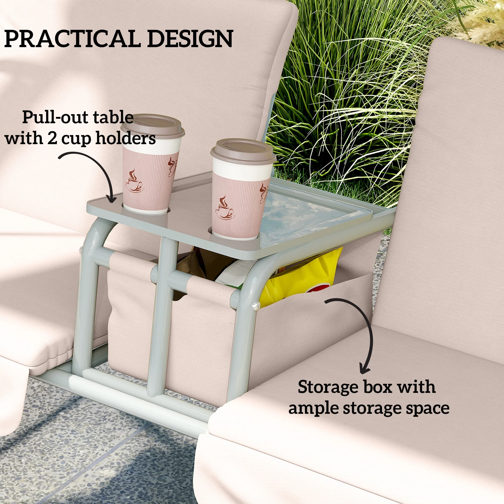 2-Person Porch Swing with Stand and Pivot Table, Beige - Image 7