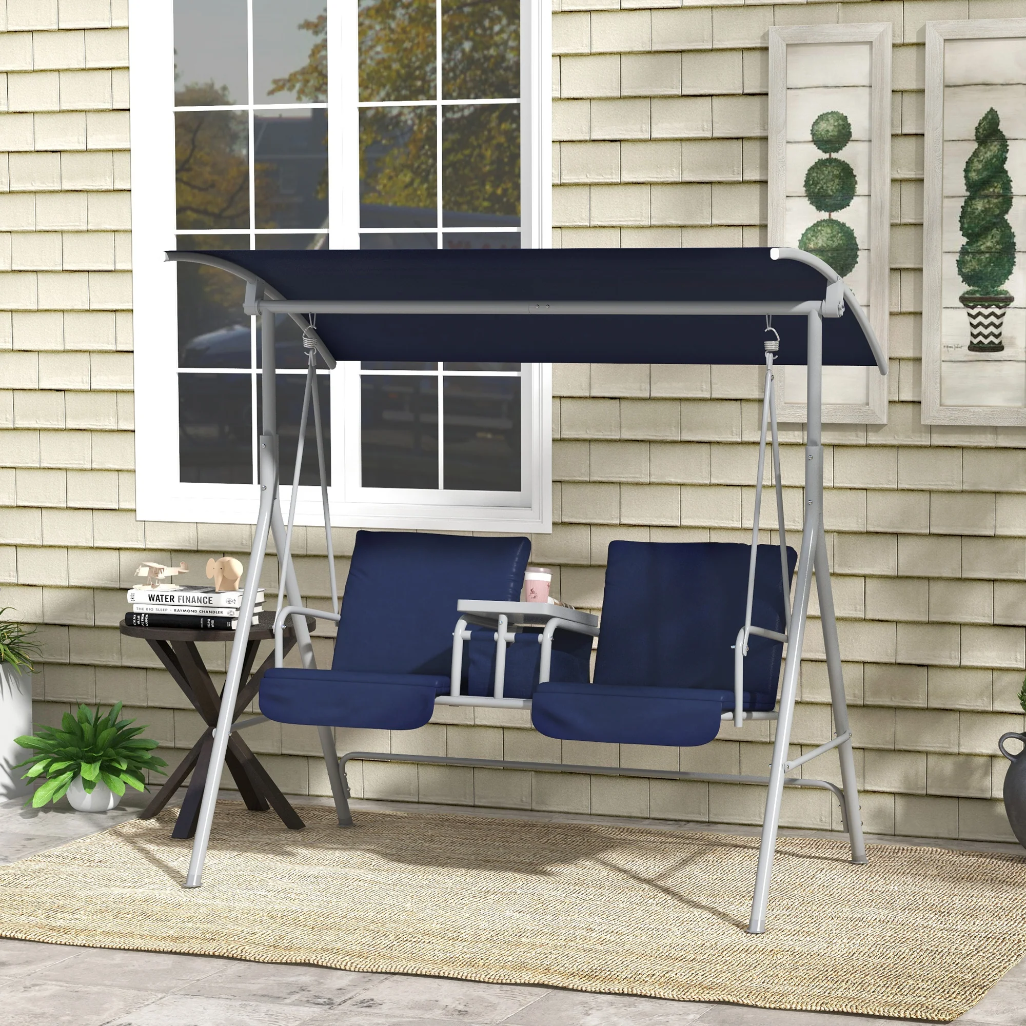 2-Person Porch Swing with Stand and Pivot Table, Dark Blue - Image 3