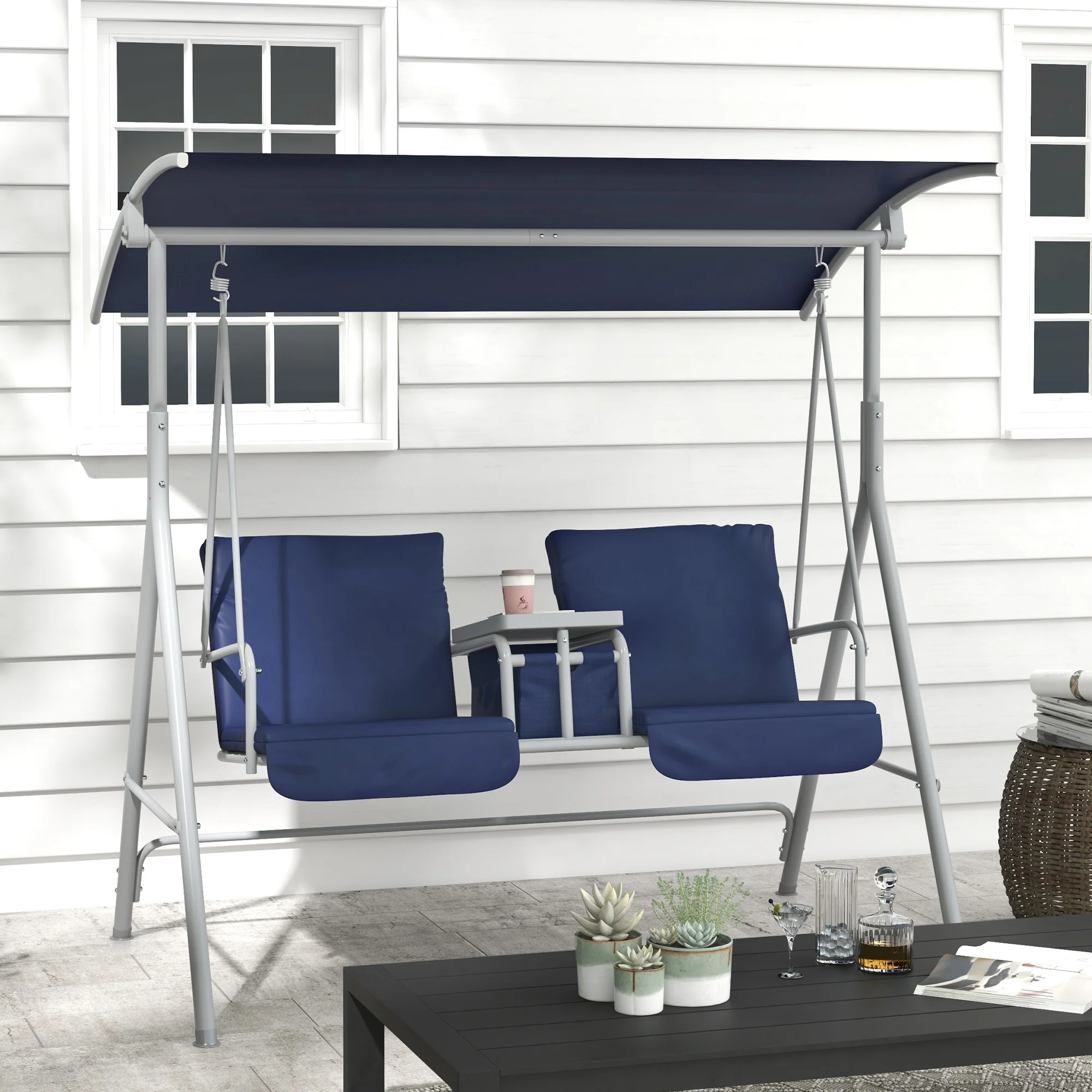 2-Person Porch Swing with Stand and Pivot Table, Dark Blue - Image 4