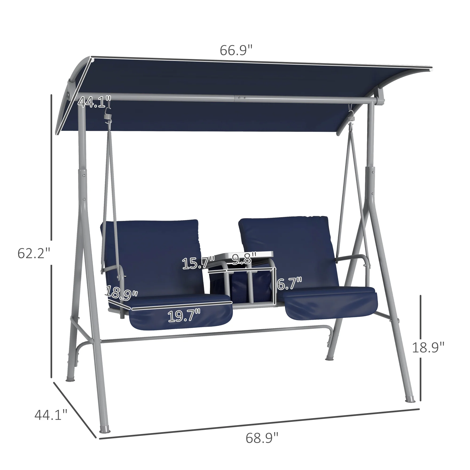 2-Person Porch Swing with Stand and Pivot Table, Dark Blue - Image 5