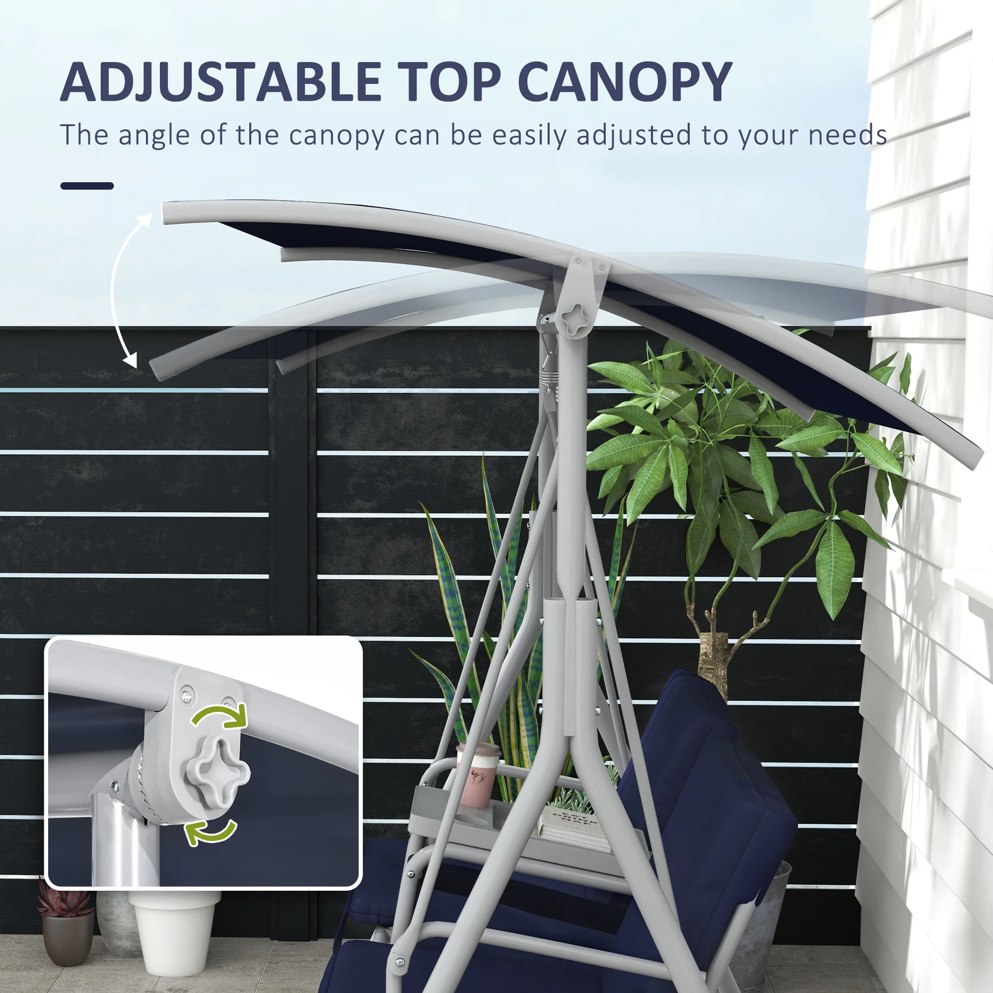 2-Person Porch Swing with Stand and Pivot Table, Dark Blue - Image 6