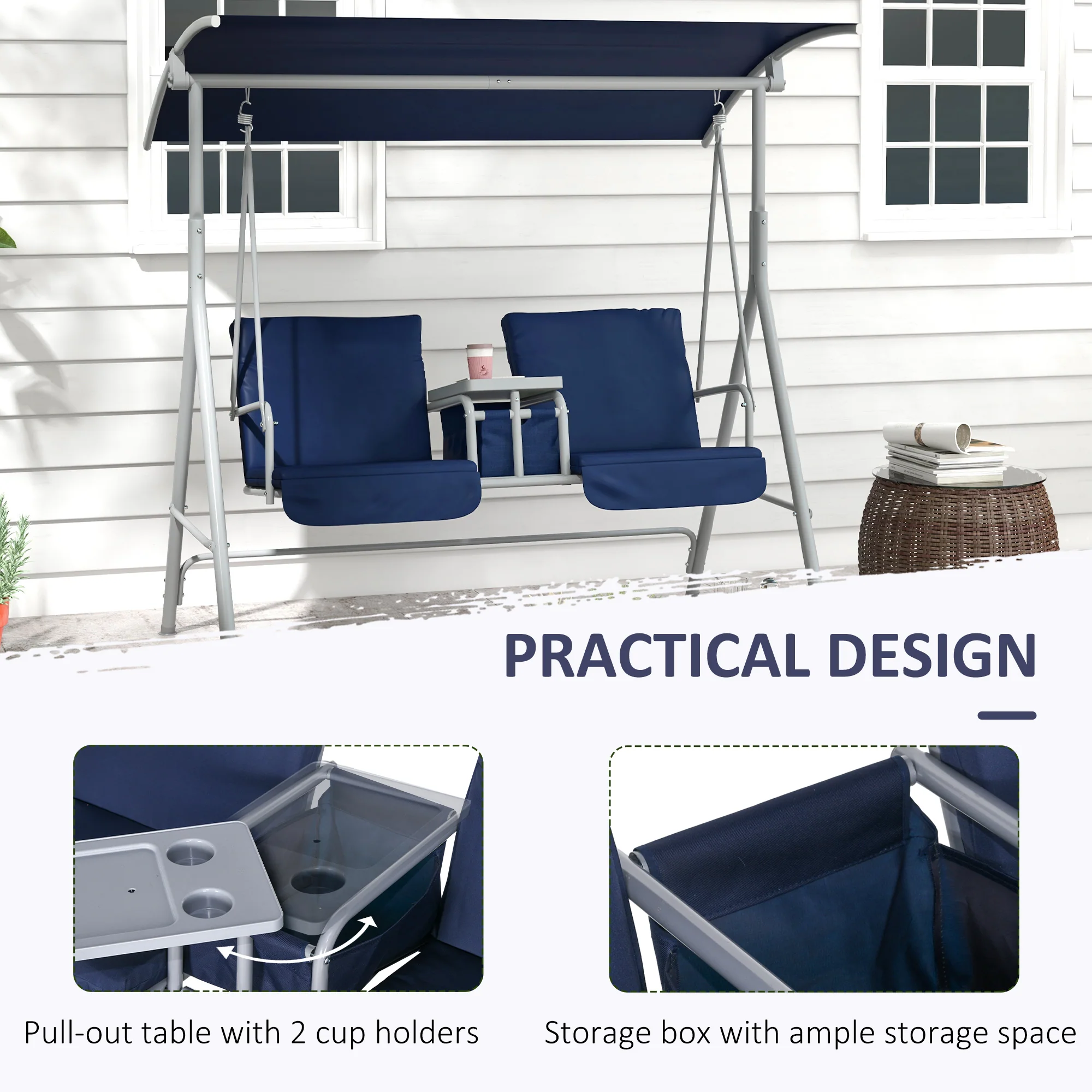 2-Person Porch Swing with Stand and Pivot Table, Dark Blue - Image 7