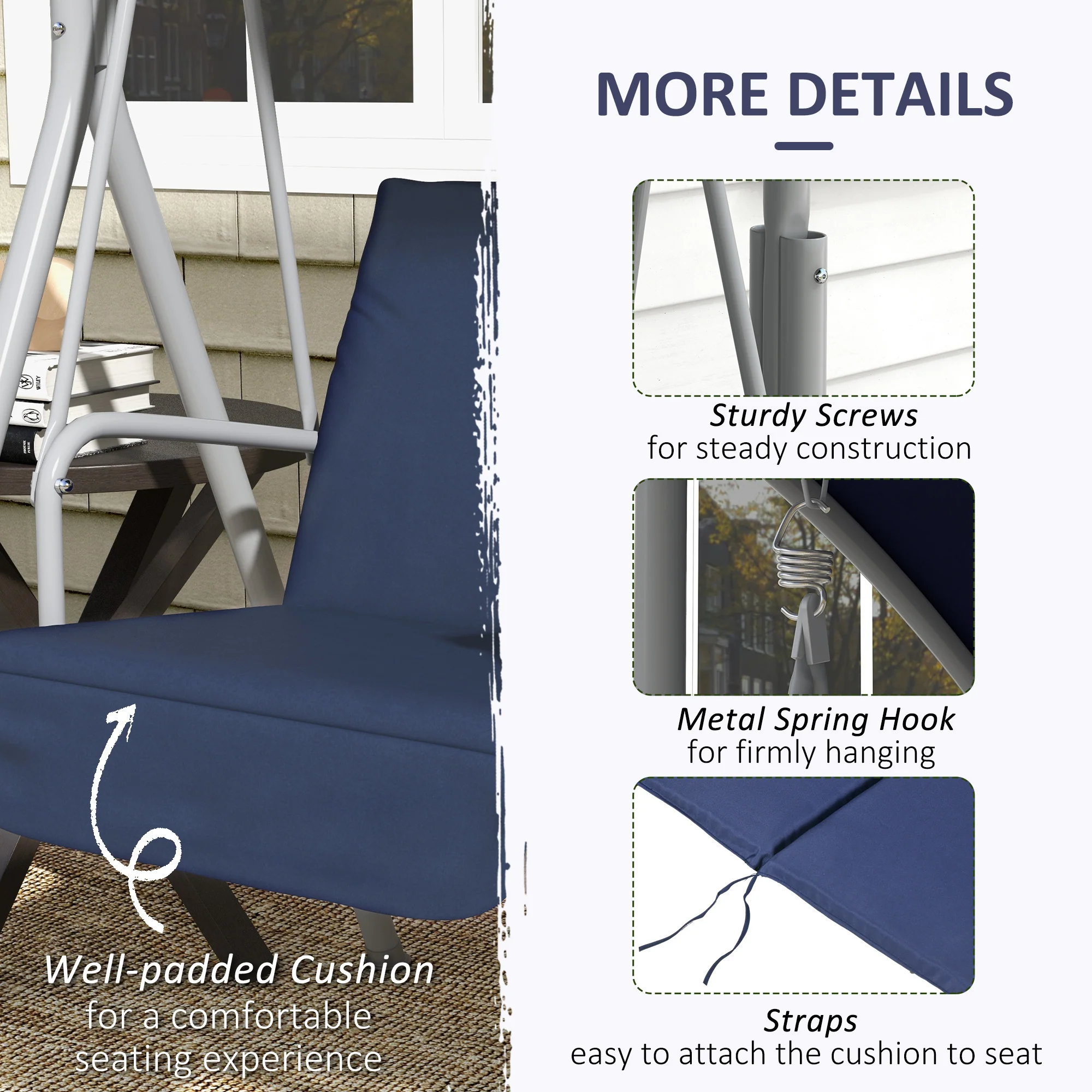 2-Person Porch Swing with Stand and Pivot Table, Dark Blue - Image 8