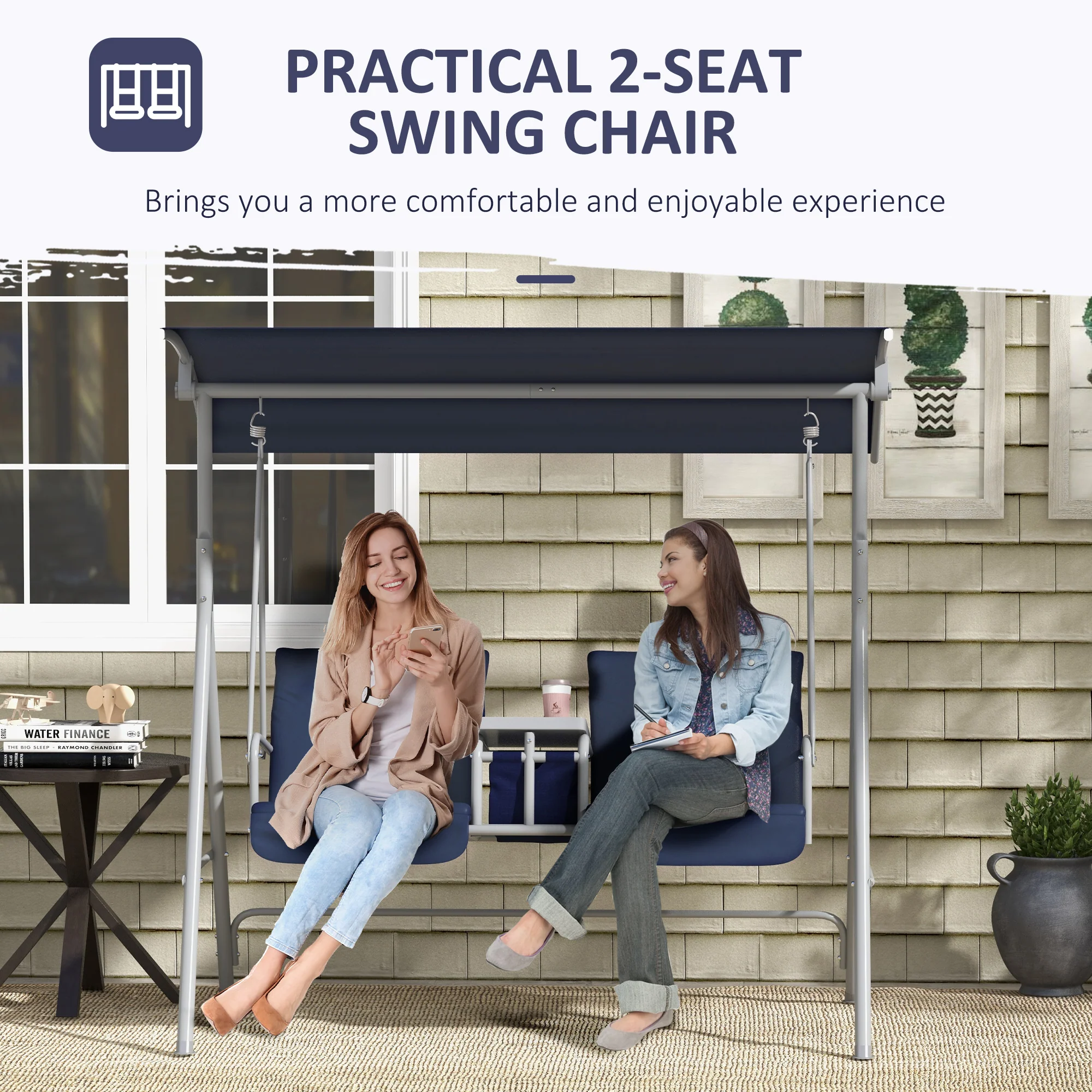 2-Person Porch Swing with Stand and Pivot Table, Dark Blue - Image 9