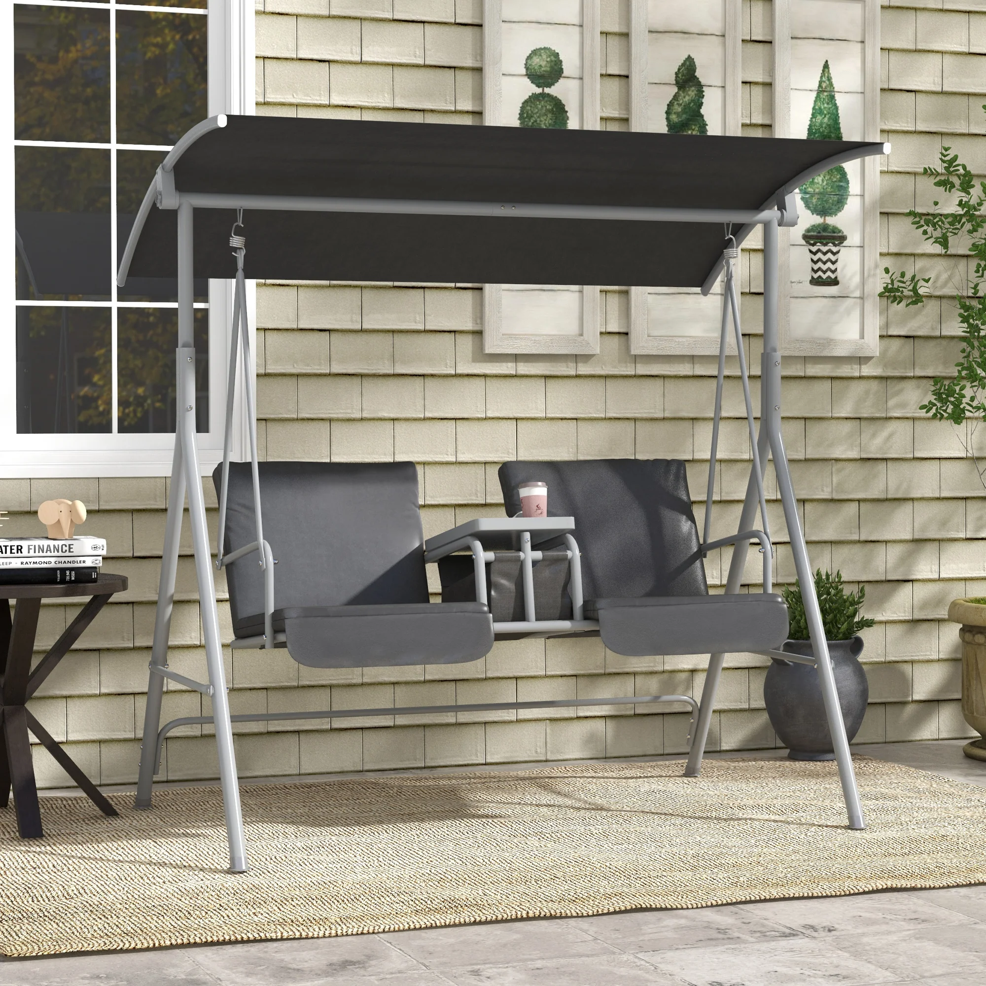 2-Person Porch Swing with Stand and Canopy, Gray - Image 3