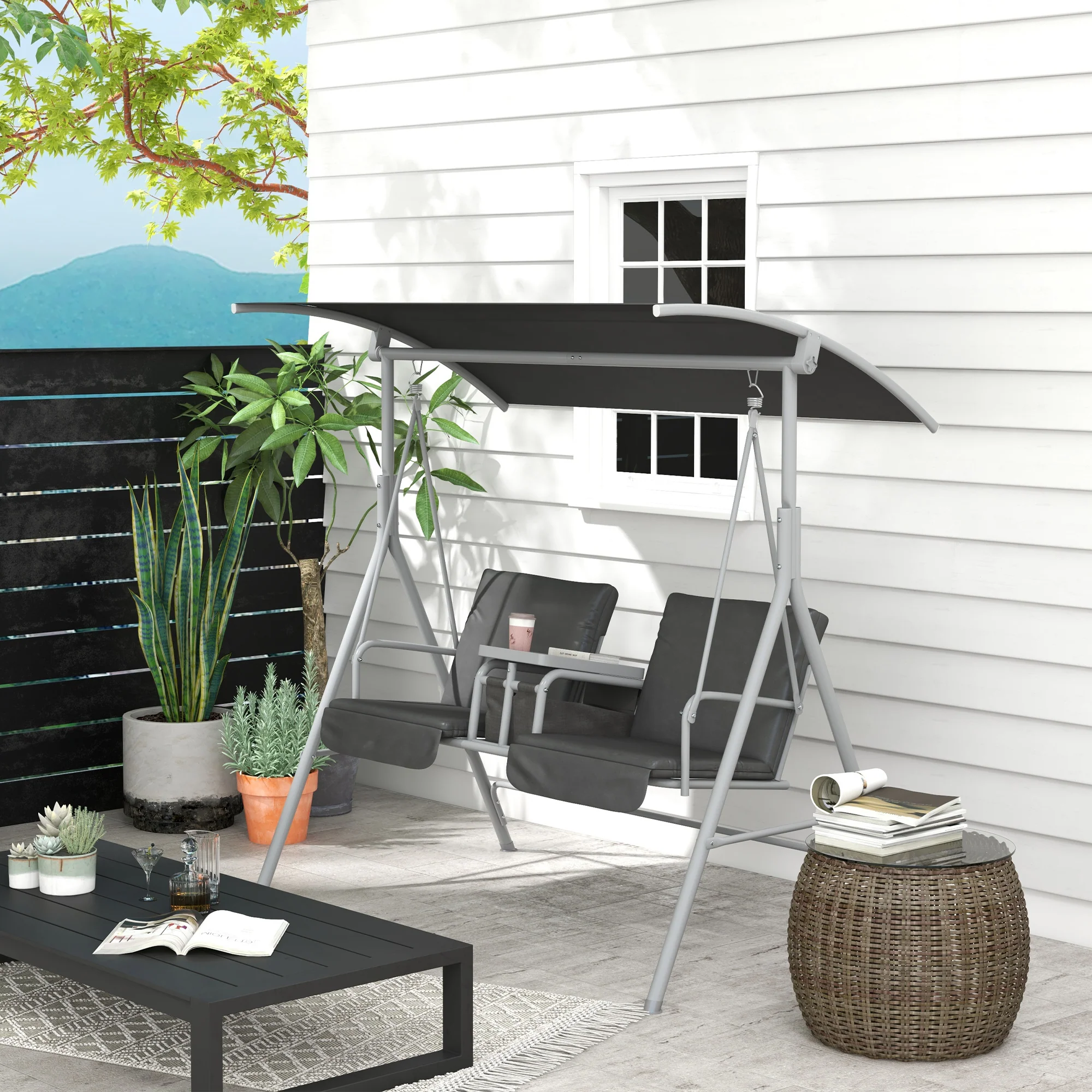 2-Person Porch Swing with Stand and Canopy, Gray - Image 4