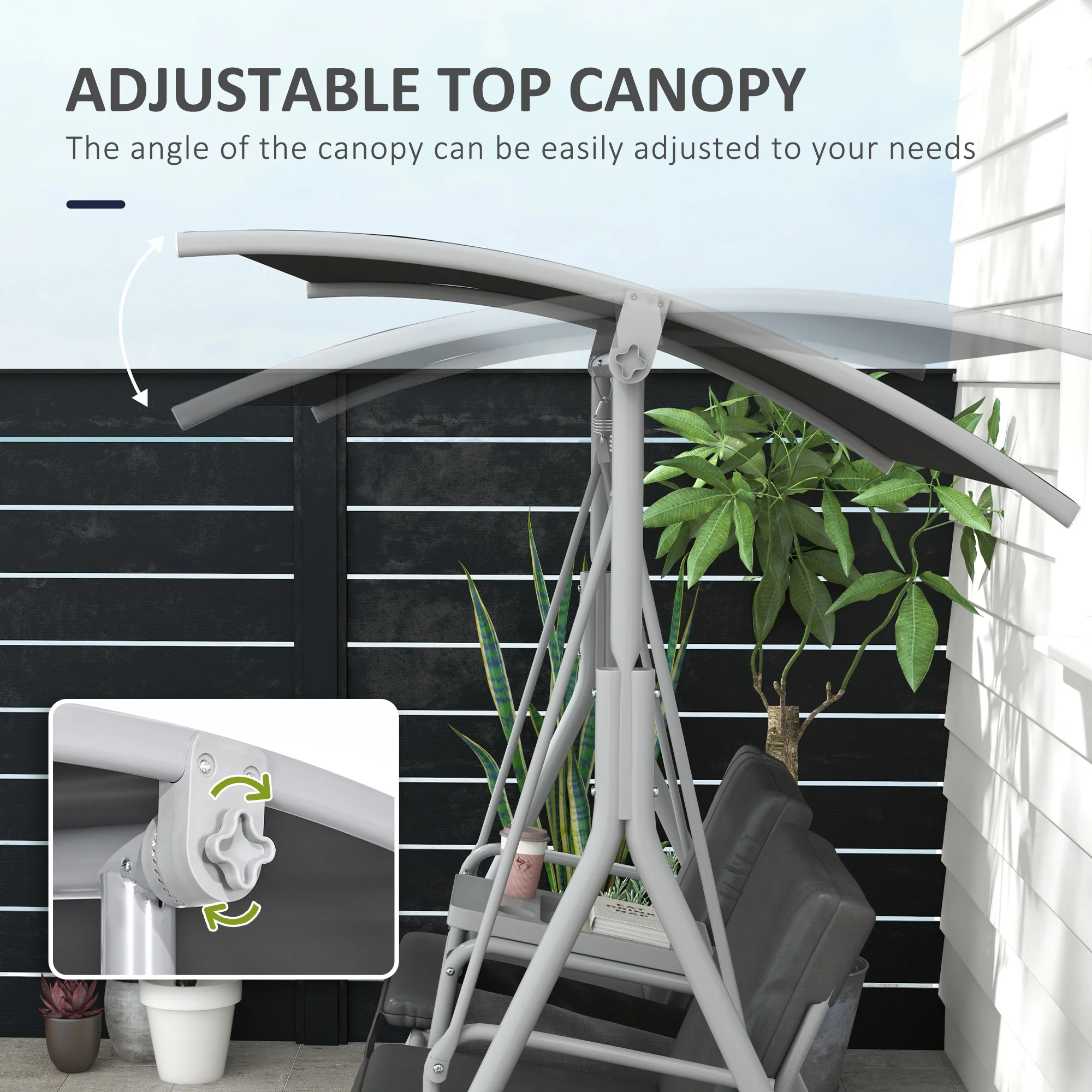 2-Person Porch Swing with Stand and Canopy, Gray - Image 6