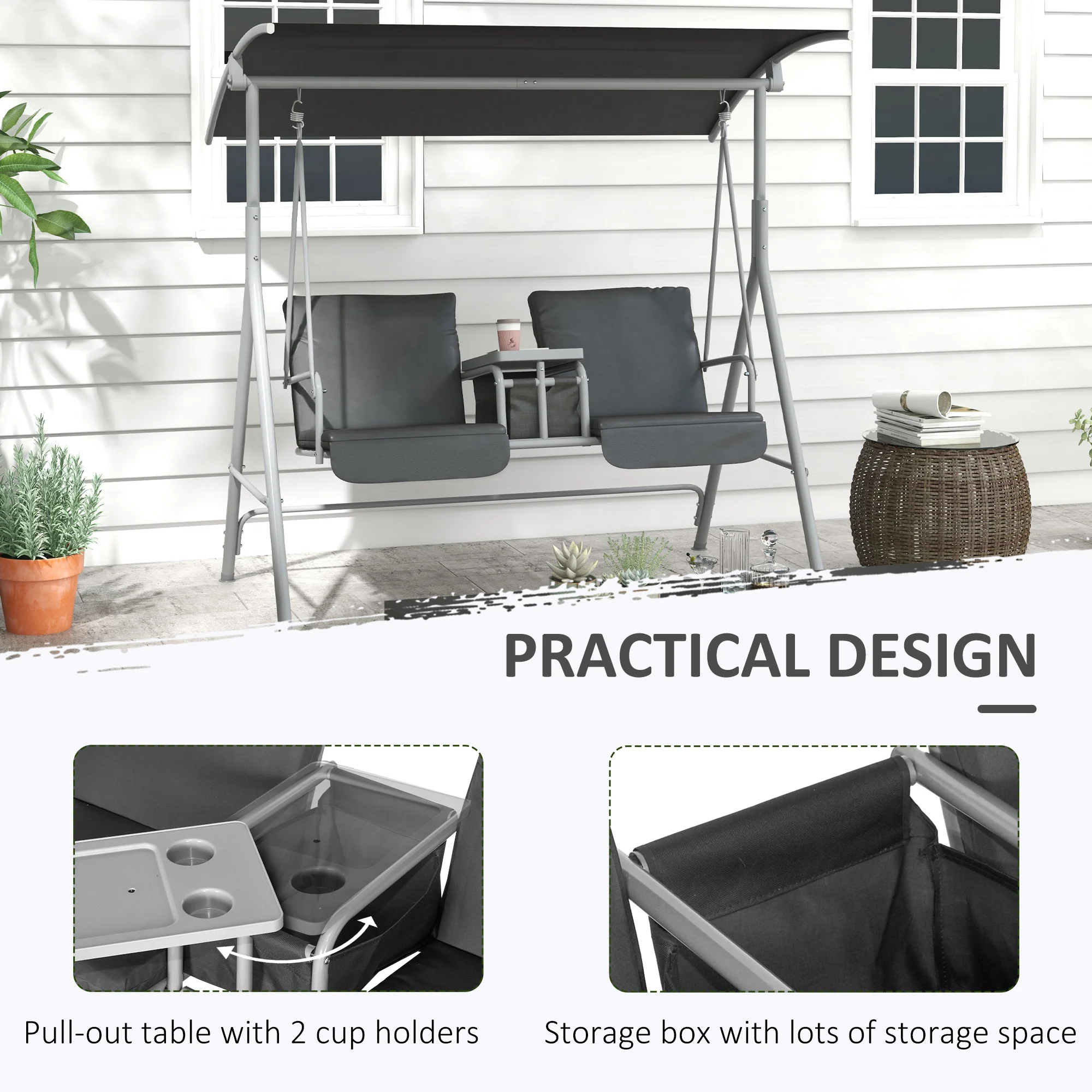 2-Person Porch Swing with Stand and Canopy, Gray - Image 7