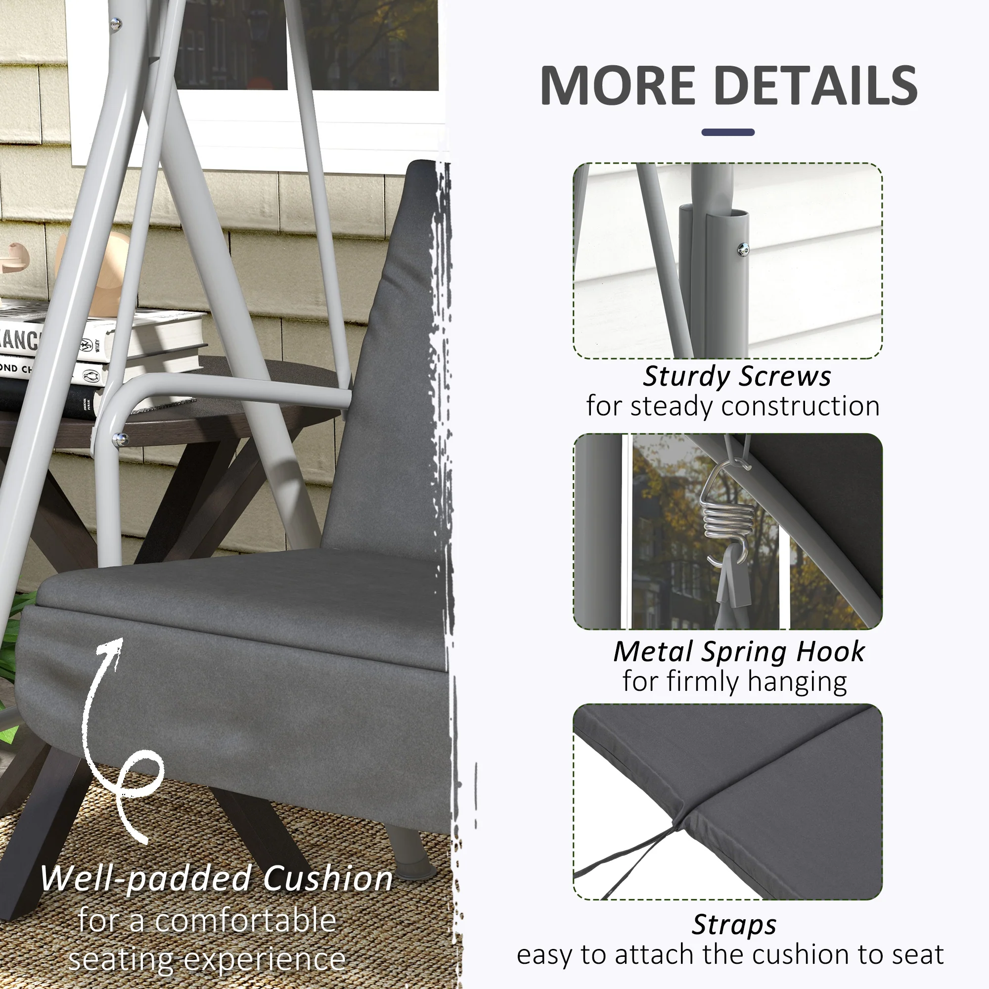 2-Person Porch Swing with Stand and Canopy, Gray - Image 8