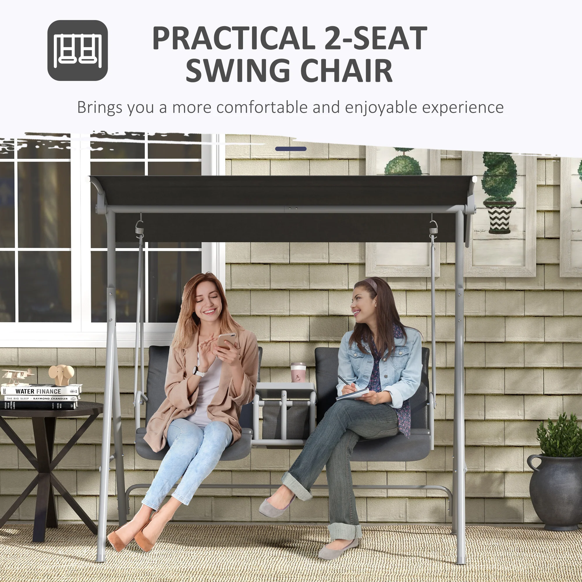 2-Person Porch Swing with Stand and Canopy, Gray - Image 9