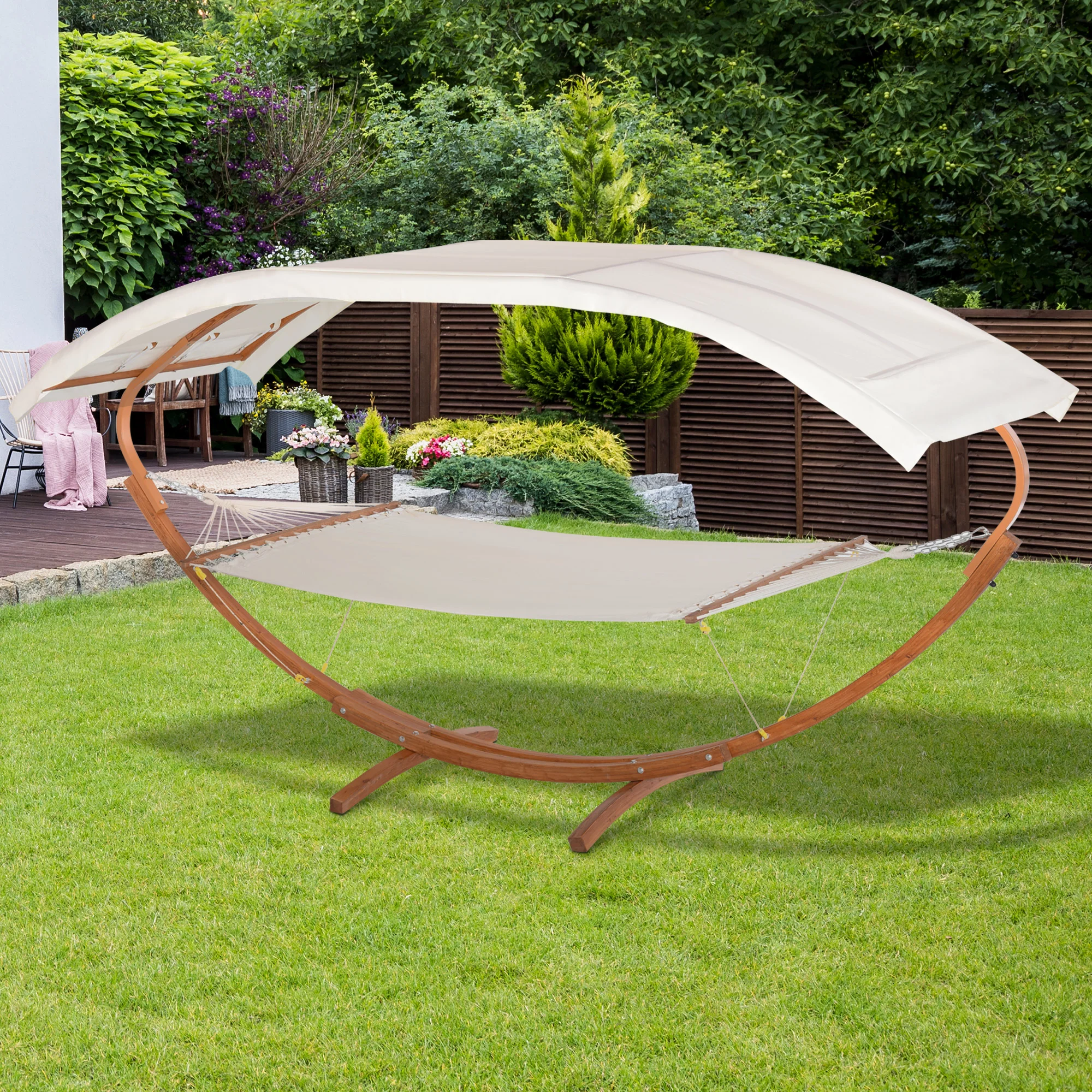 2 Person Wood Swing Arc Hammock Bed and Stand Set with Canopy, White/Teak - Image 3