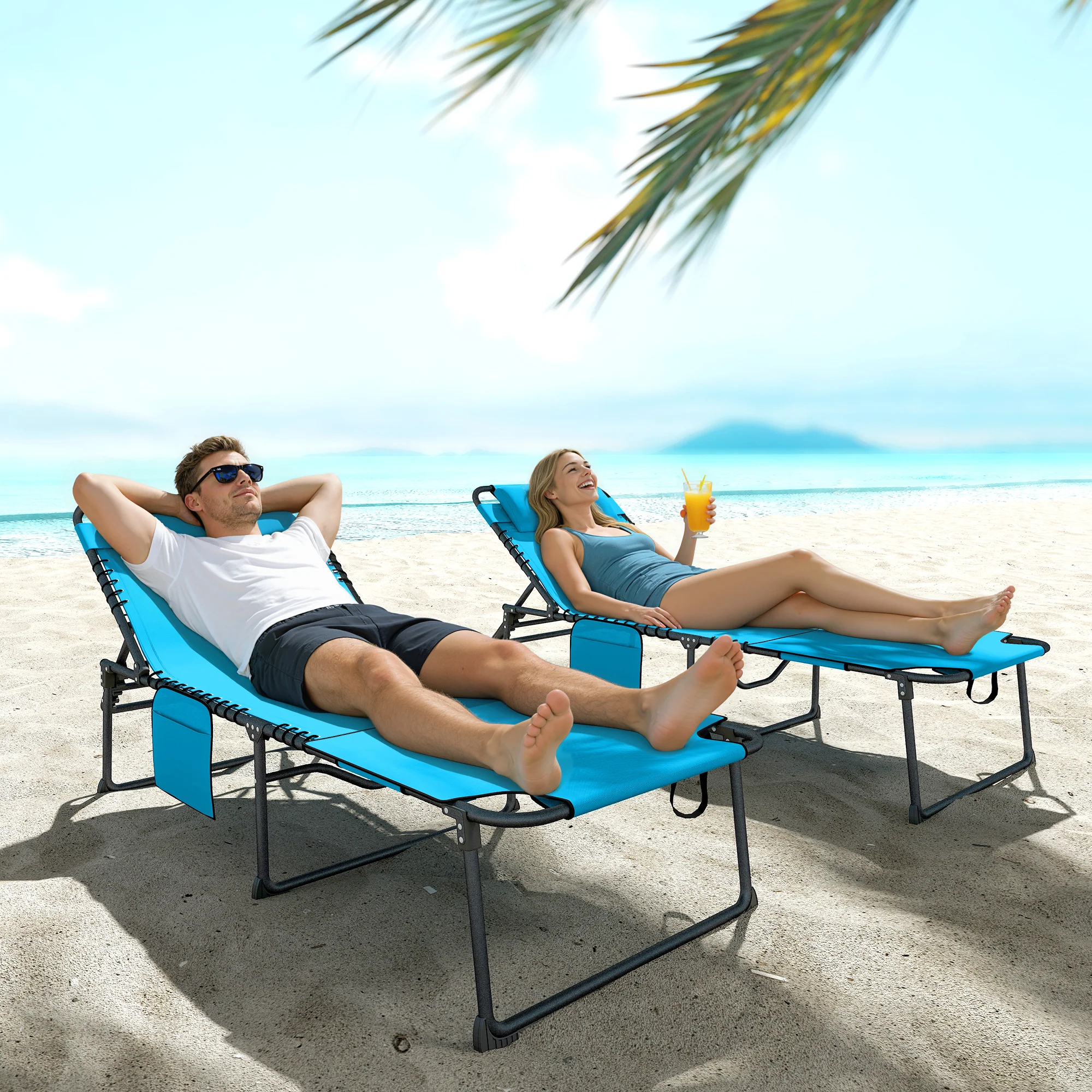 2-Piece Folding Chaise Lounge with Face Hole, Blue - Image 10