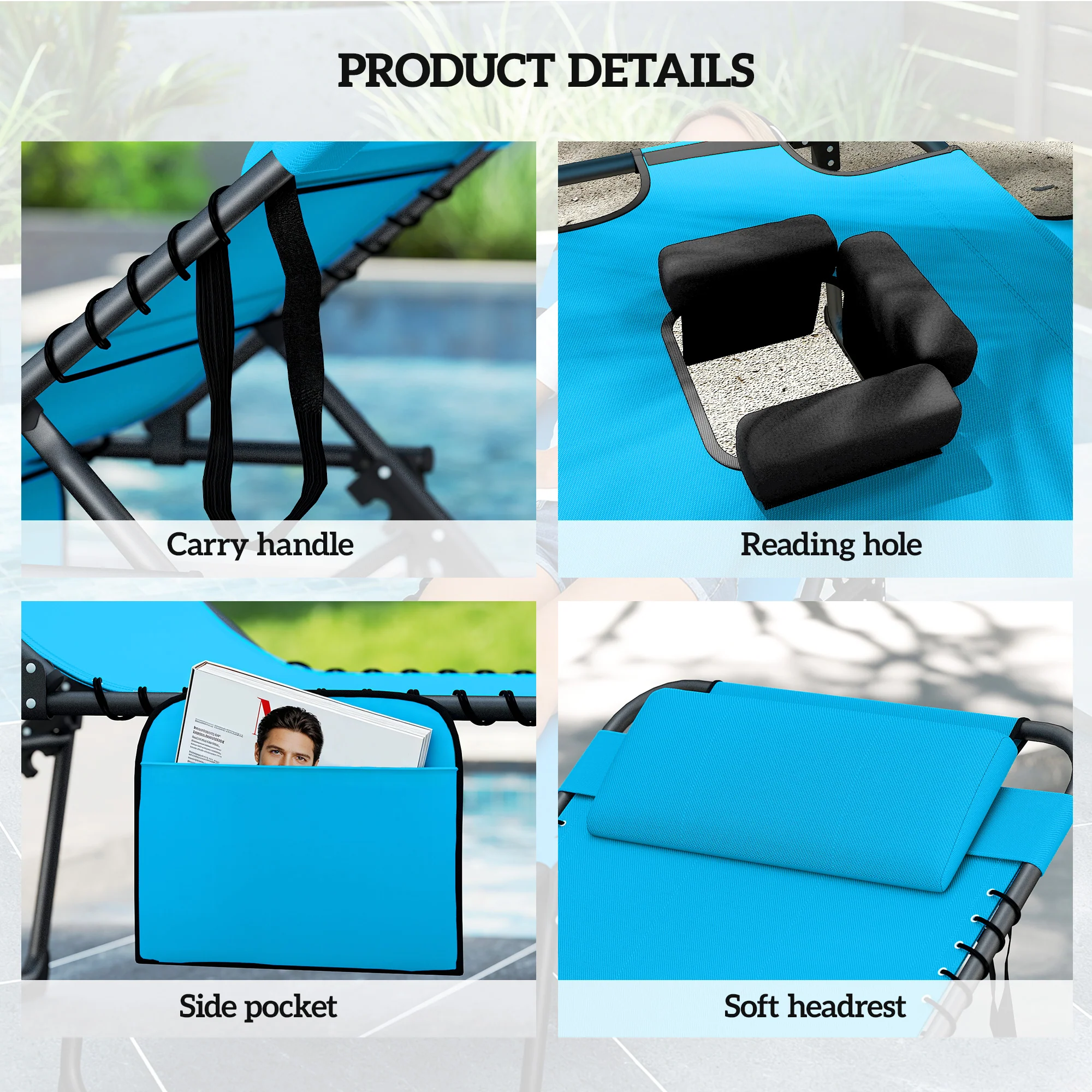 2-Piece Folding Chaise Lounge with Face Hole, Blue - Image 7