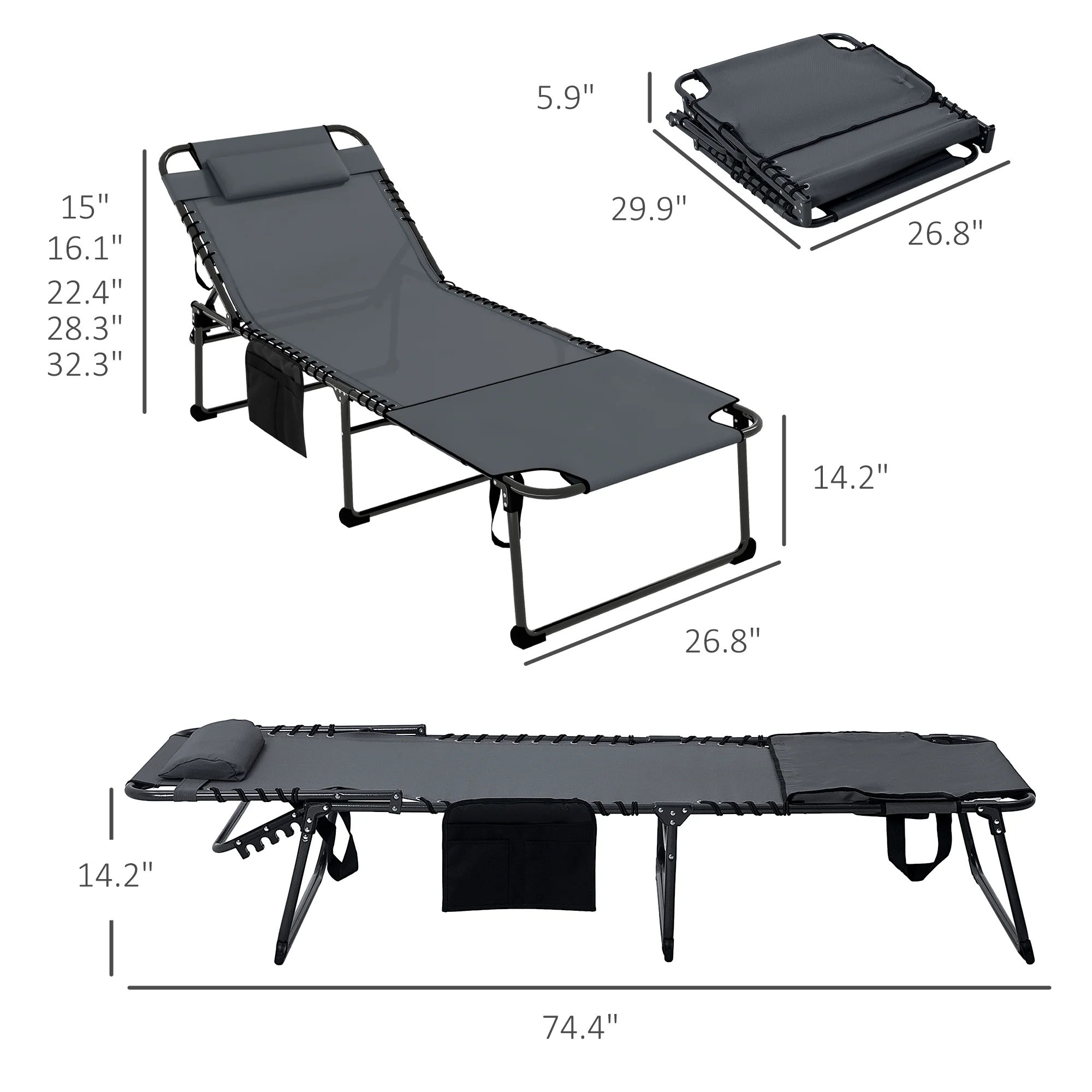 2-Piece Folding Chaise Lounge with Face Hole, Gray - Image 5