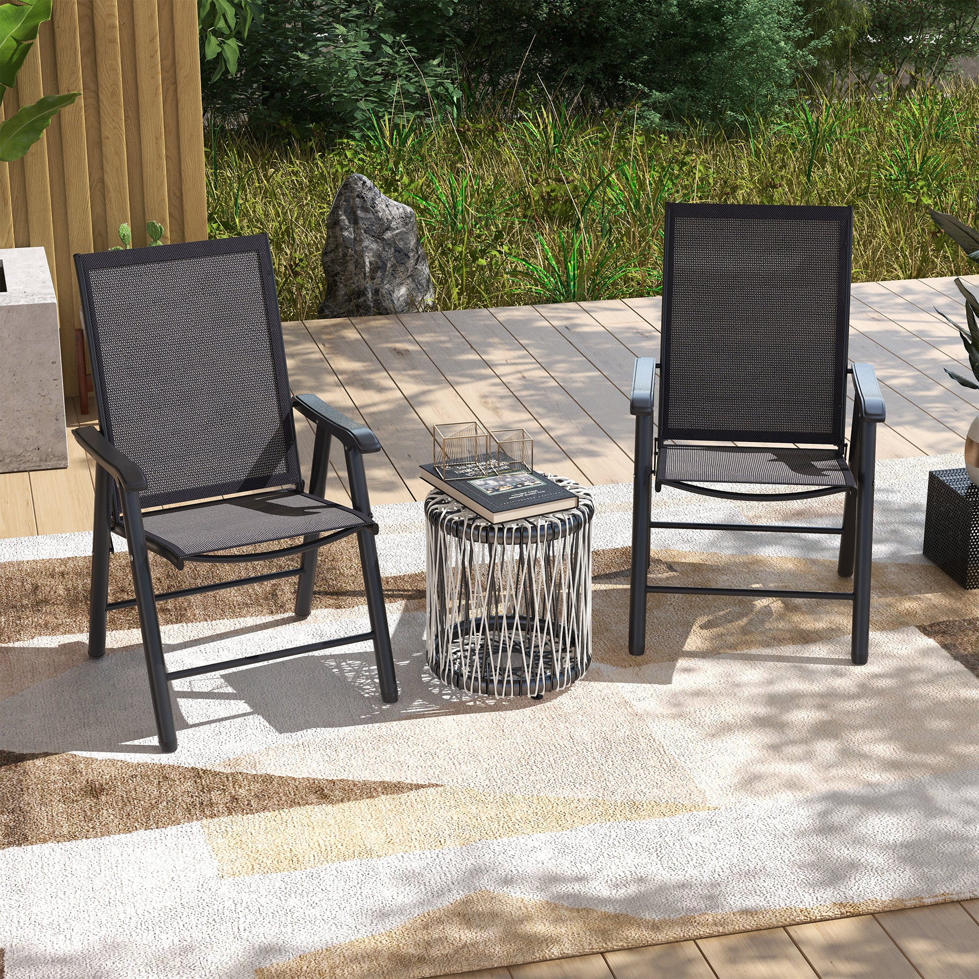 2-Piece Folding Chair Set, Outdoor Furniture Set with Mesh Fabric & Armrests, Dark Grey - Image 4