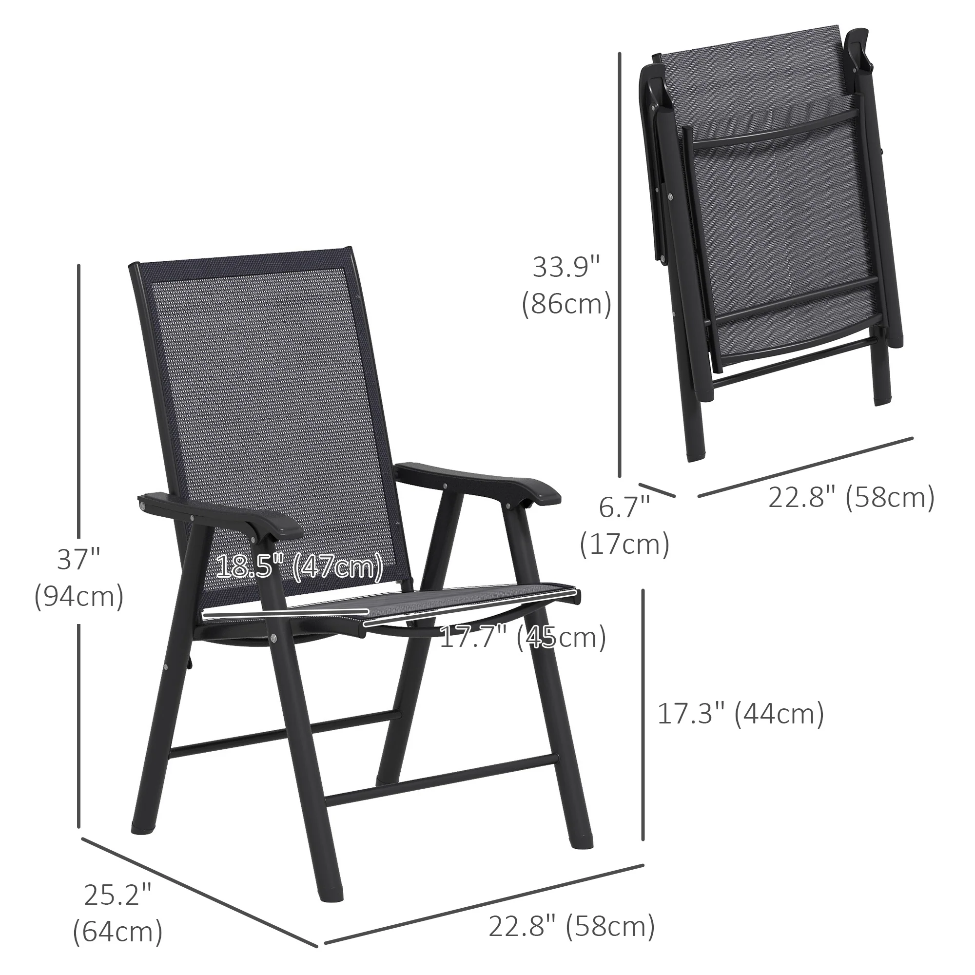 2-Piece Folding Chair Set, Outdoor Furniture Set with Mesh Fabric & Armrests, Dark Grey - Image 5