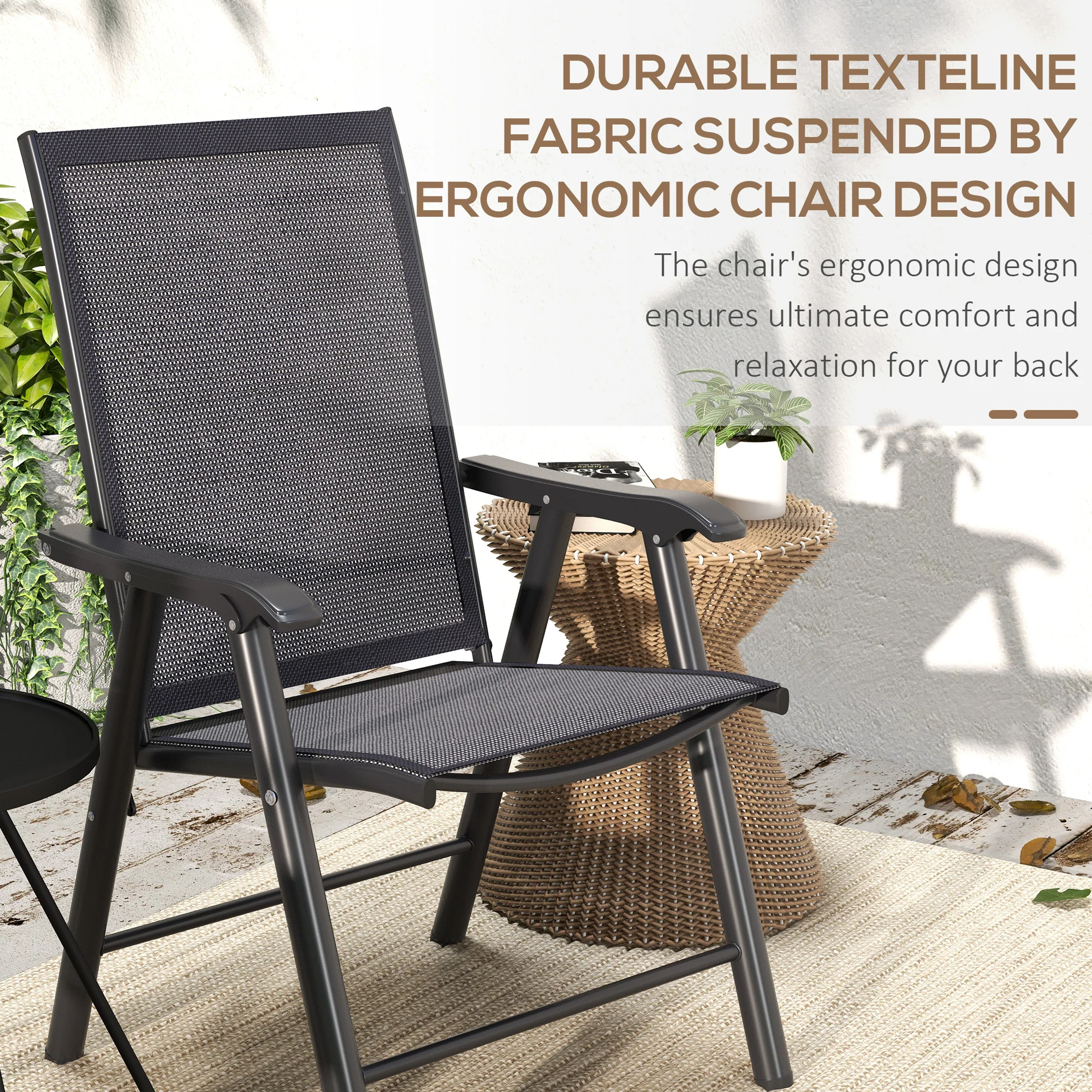 2-Piece Folding Chair Set, Outdoor Furniture Set with Mesh Fabric & Armrests, Dark Grey - Image 6