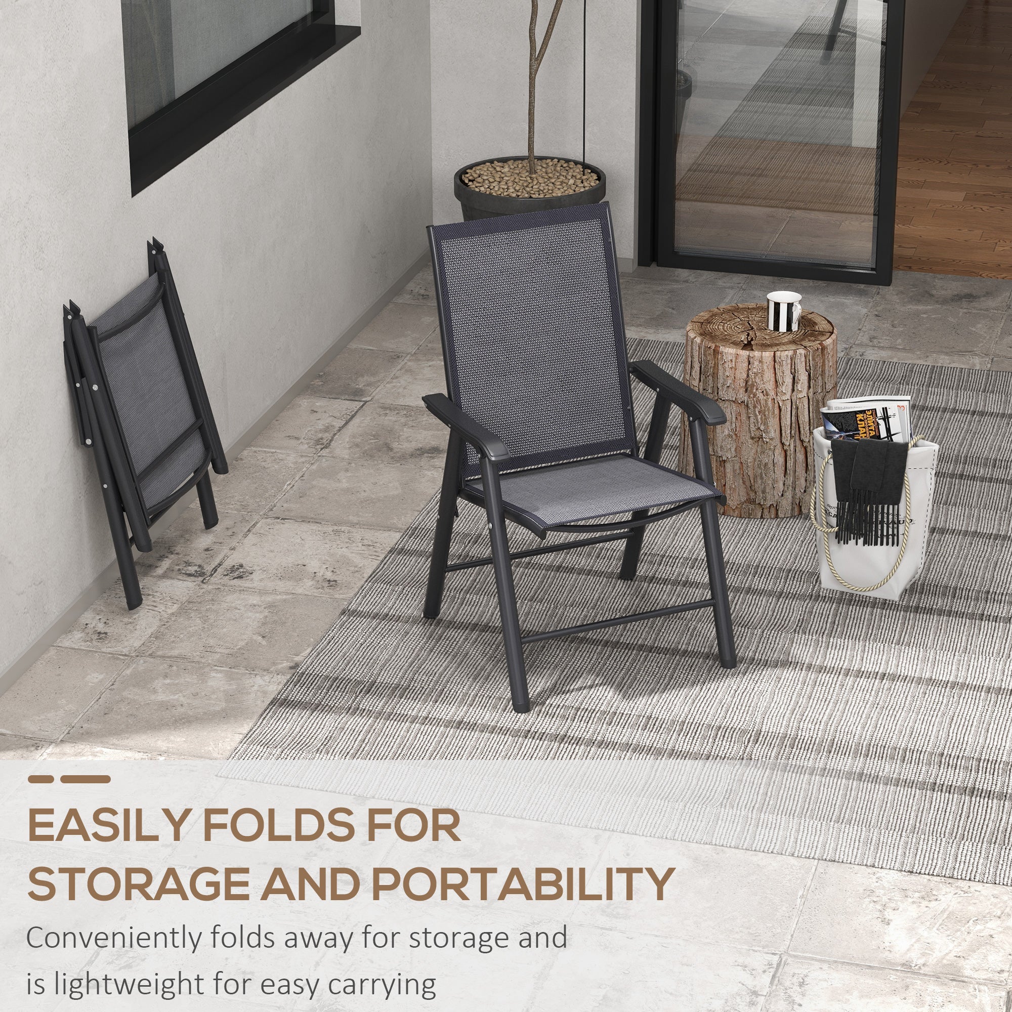 2-Piece Folding Chair Set, Outdoor Furniture Set with Mesh Fabric & Armrests, Dark Grey - Image 7