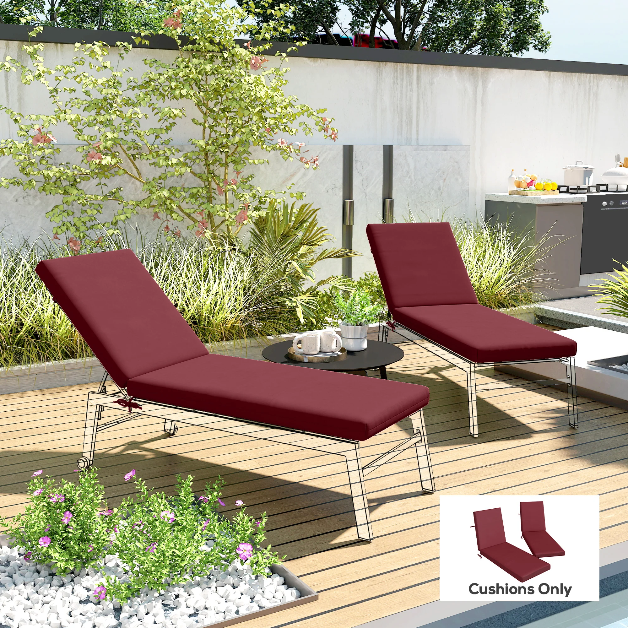 2pc Patio Chair Cushion Set with Ties for Indoor or Outdoor, Wine Red - Image 3