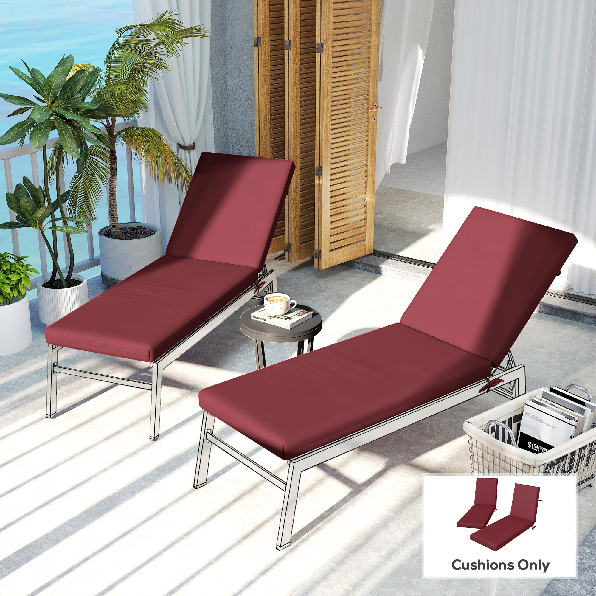 2pc Patio Chair Cushion Set with Ties for Indoor or Outdoor, Wine Red - Image 4